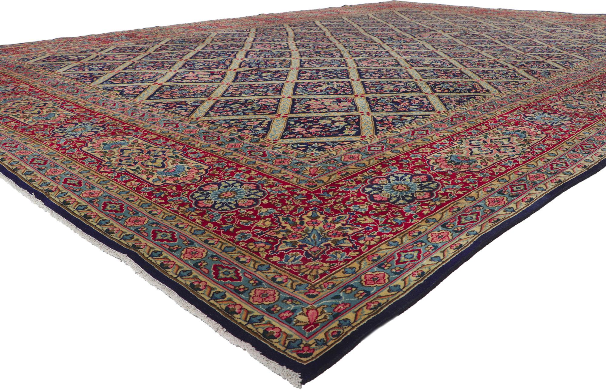 ?61200 Antique Persian Kerman Rug, 13'00 x 19'00. Emanating a timeless floral design, incredible detail and texture, this hand knotted wool antique Persian Kerman rug is a captivating vision of woven beauty. The ornate details and sophisticated