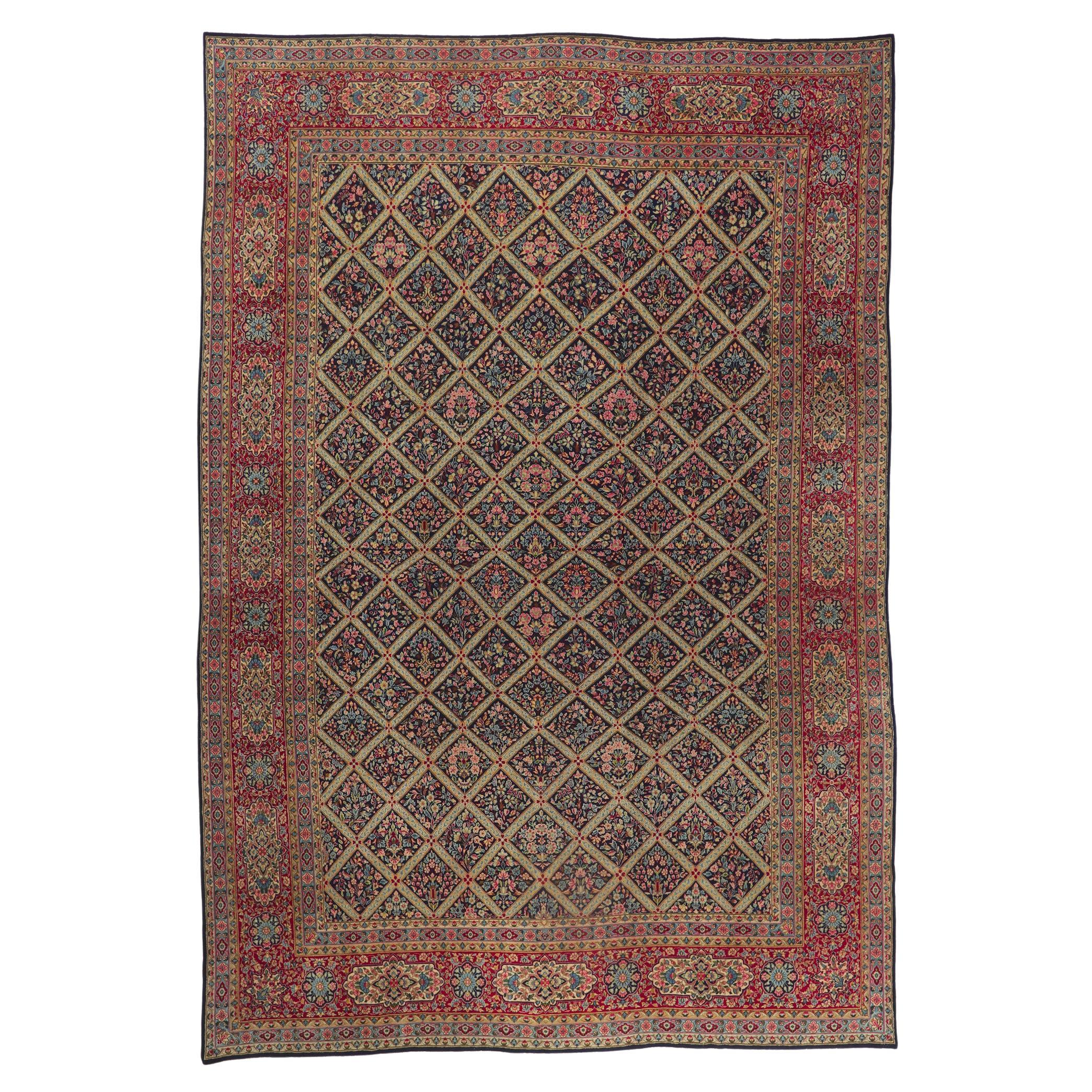 Tapis persan ancien surdimensionné de taille d'hôtel Kerman