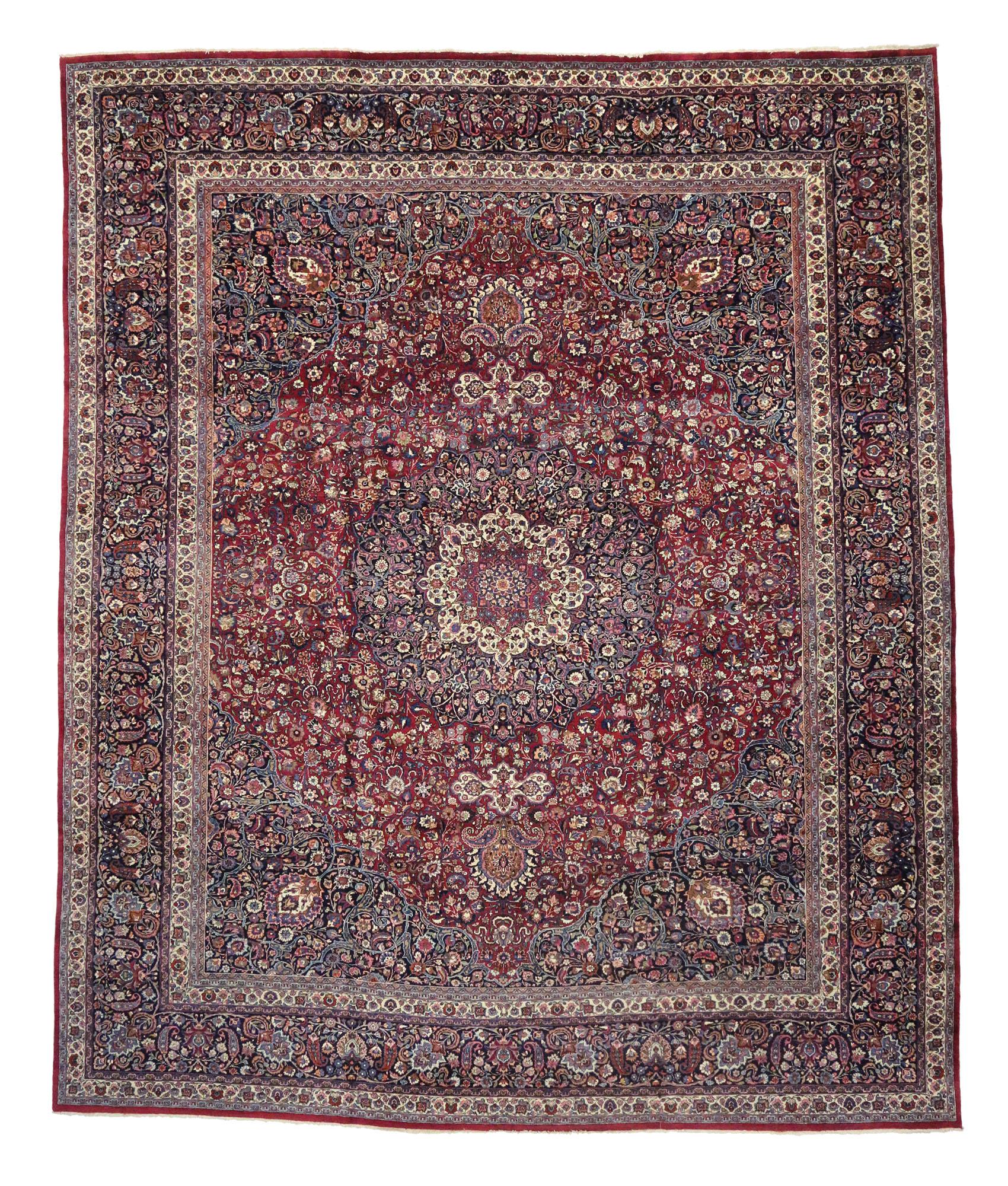 Hand-Knotted Oversized Antique Persian Mashhad Rug, Hotel Lobby Size Carpet For Sale