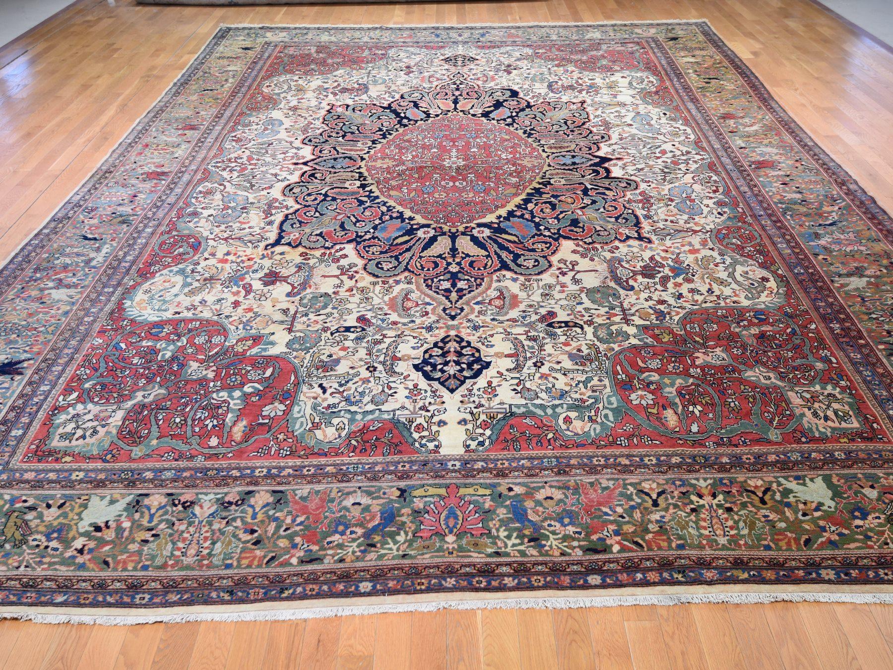 Sarouk Farahan Oversized Antique Persian Sarouk Fereghan with Birds Full Pile and Soft Rug For Sale