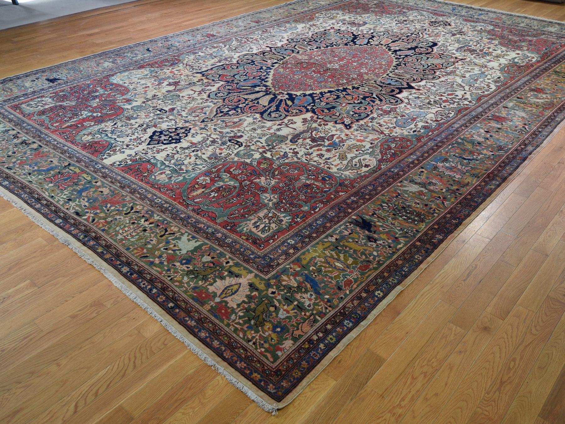 Hand-Knotted Oversized Antique Persian Sarouk Fereghan with Birds Full Pile and Soft Rug For Sale
