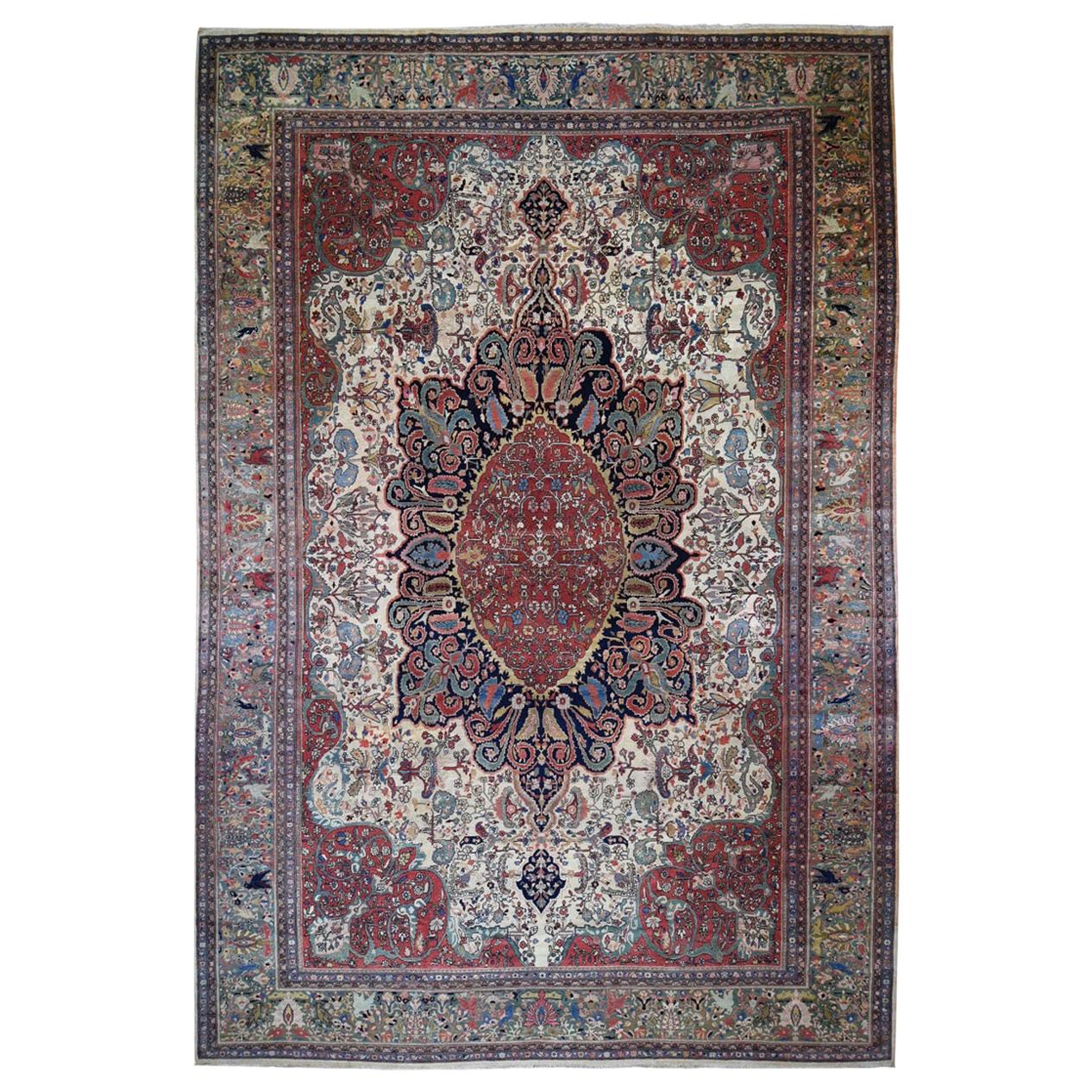 Oversized Antique Persian Sarouk Fereghan with Birds Full Pile and Soft Rug For Sale