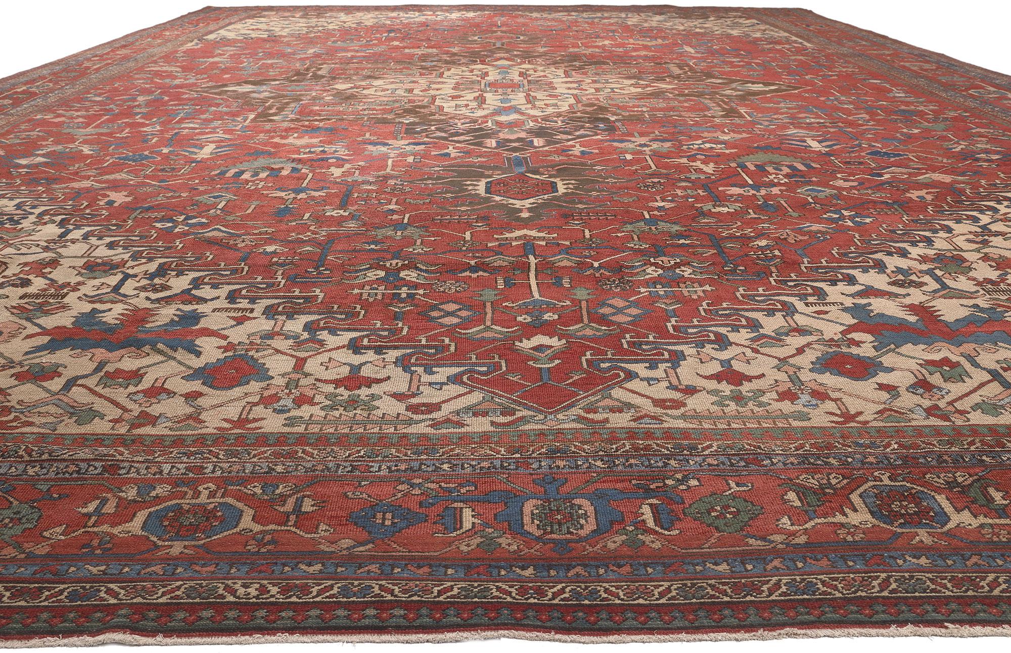 Hand-Knotted Oversized Antique Persian Serapi Rug, Hotel Lobby Size Carpet For Sale