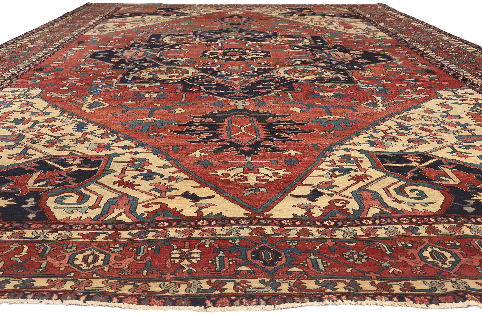 Hand-Knotted Oversized Antique Persian Serapi Rug, Hotel Lobby Size Carpet For Sale