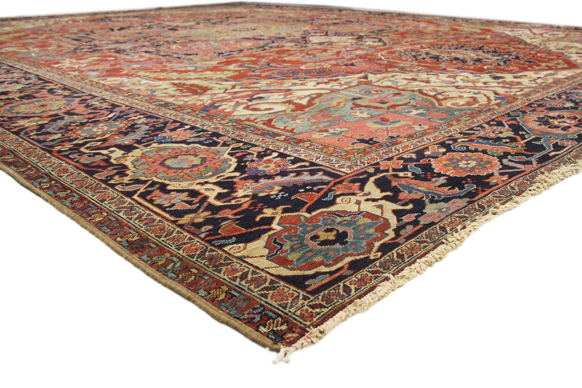 74044 Oversized Antique Persian Serapi Rug 16'04 x 22'05. 
Emanating ​effortless beauty and timeless appeal, this hand knotted wool antique Persian Serapi rug can beautifully blend modern, contemporary, and traditional interiors. Taking center stage