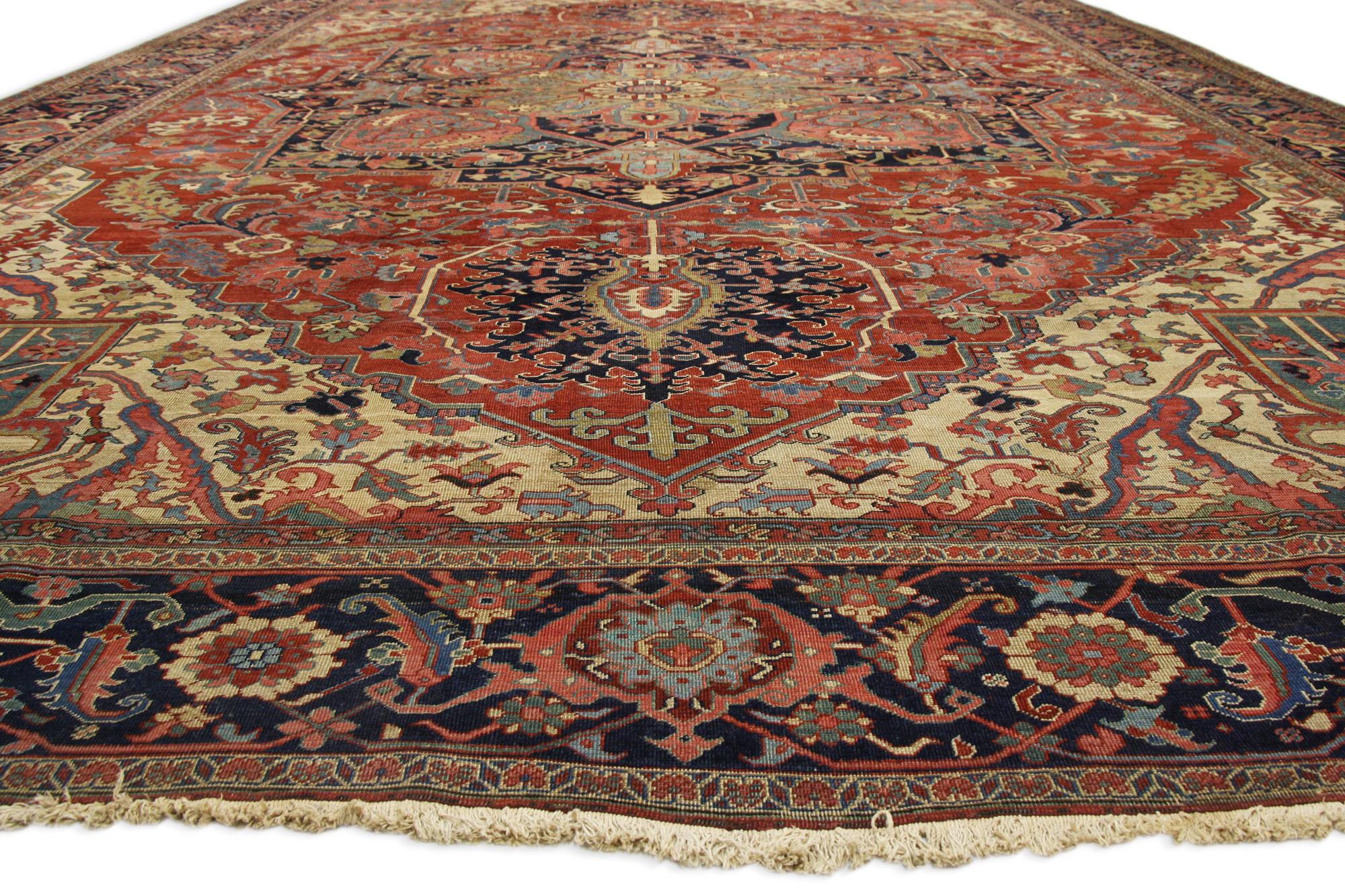 Hand-Knotted Oversized Antique Persian Serapi Rug with Modern Style, Hotel Lobby Size Carpet For Sale