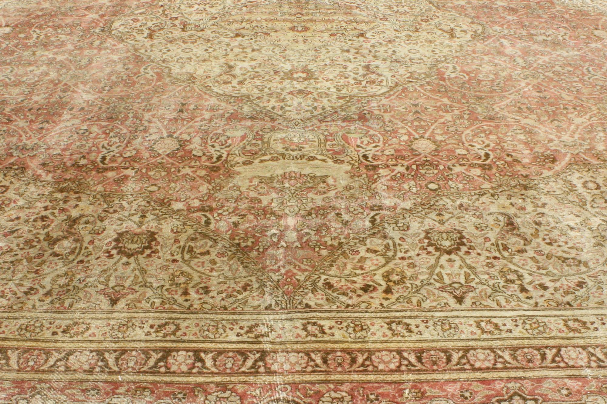 1880s Oversized Antique Persian Tabriz Rug Hotel Lobby Size Carpet In Distressed Condition For Sale In Dallas, TX