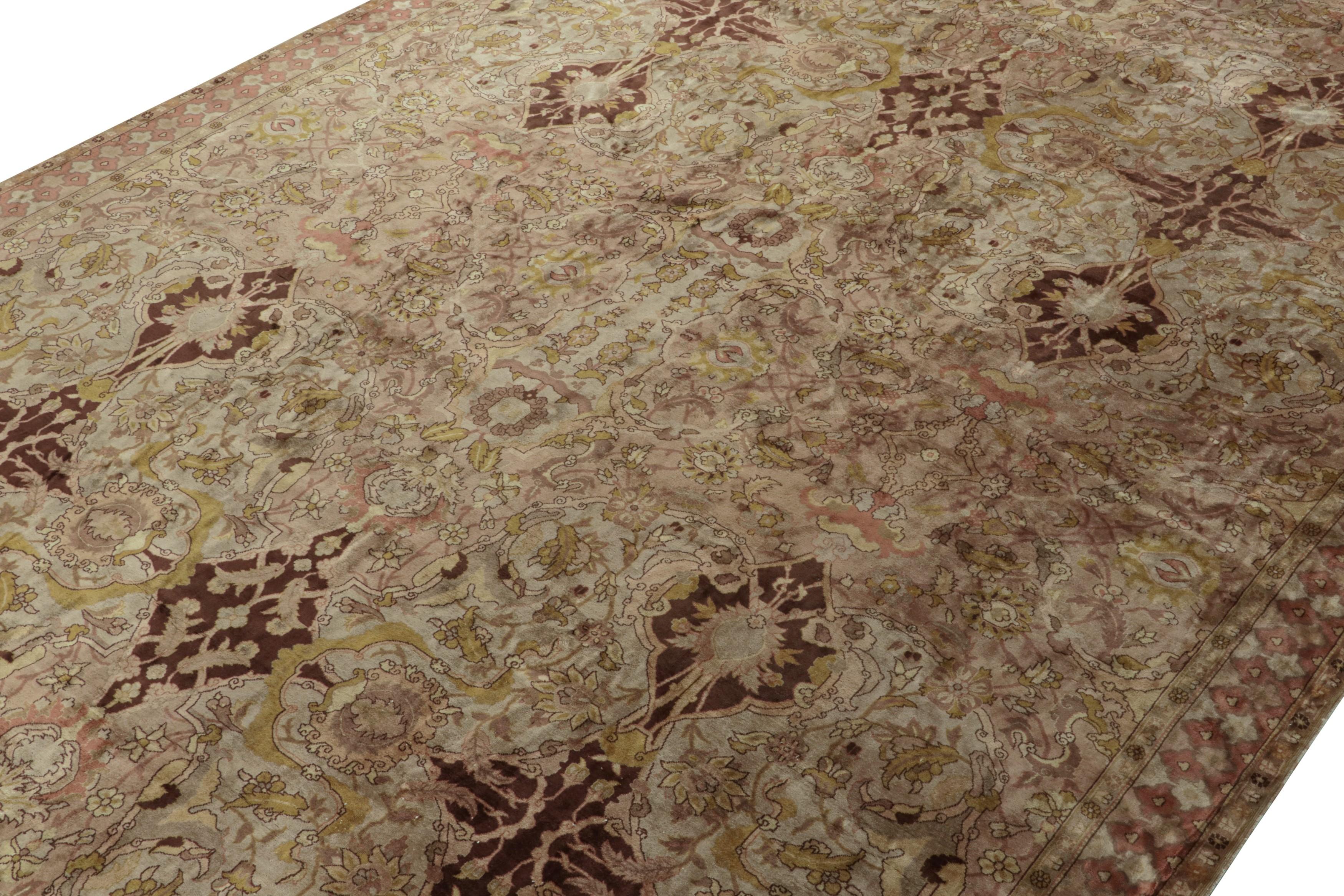 Made with hand-knotted silk and linen circa 1920-1930, this 12x20 oversized antique rug is a rich and unique Indian interpretation of Polonaise rugs, as well as a rare oversized collectible and exciting new curation from Rug & Kilim’s Collection of
