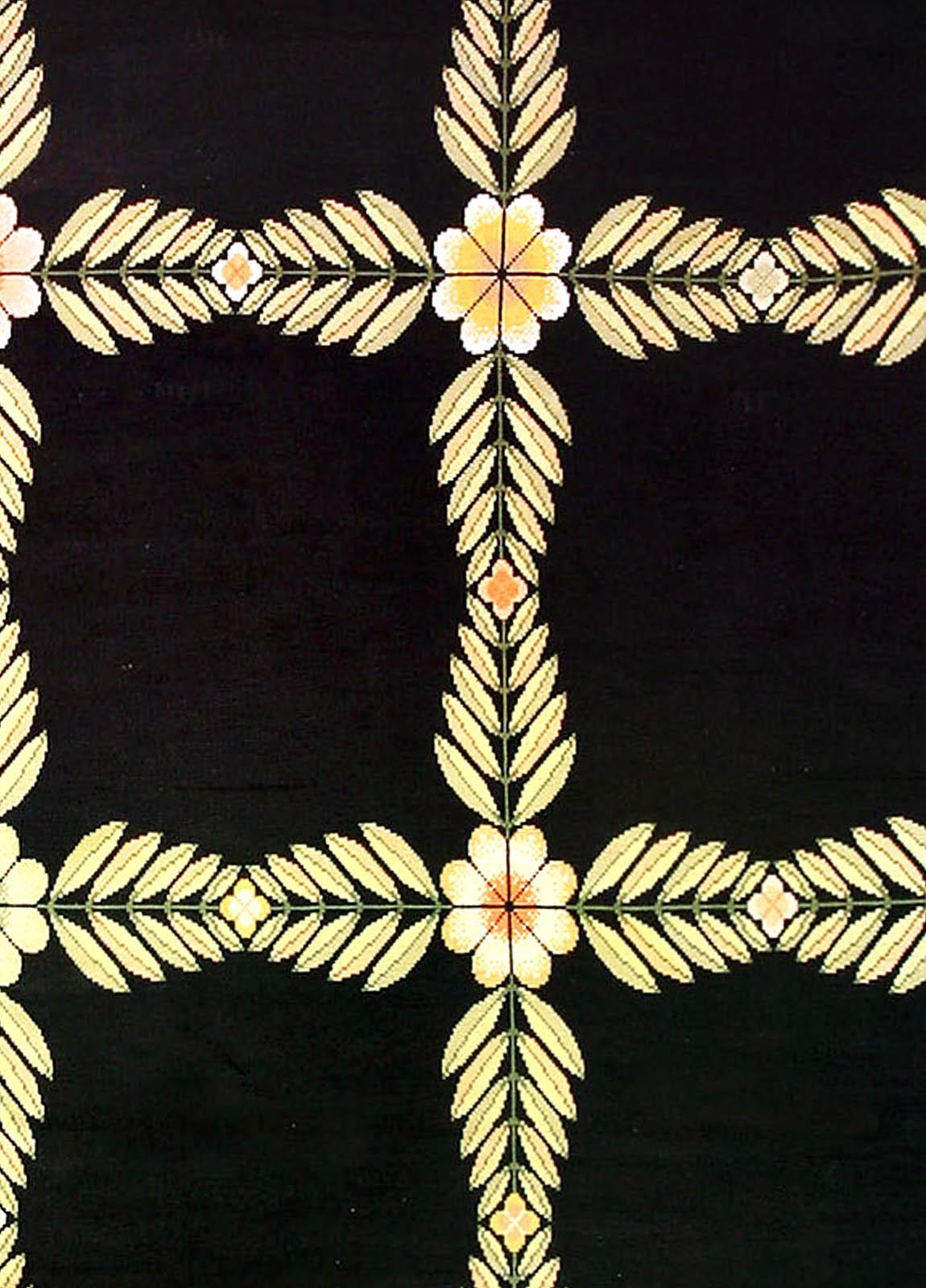 Antique Portuguese Botanic Black Yellow Needlework Rug
Size: 18'0