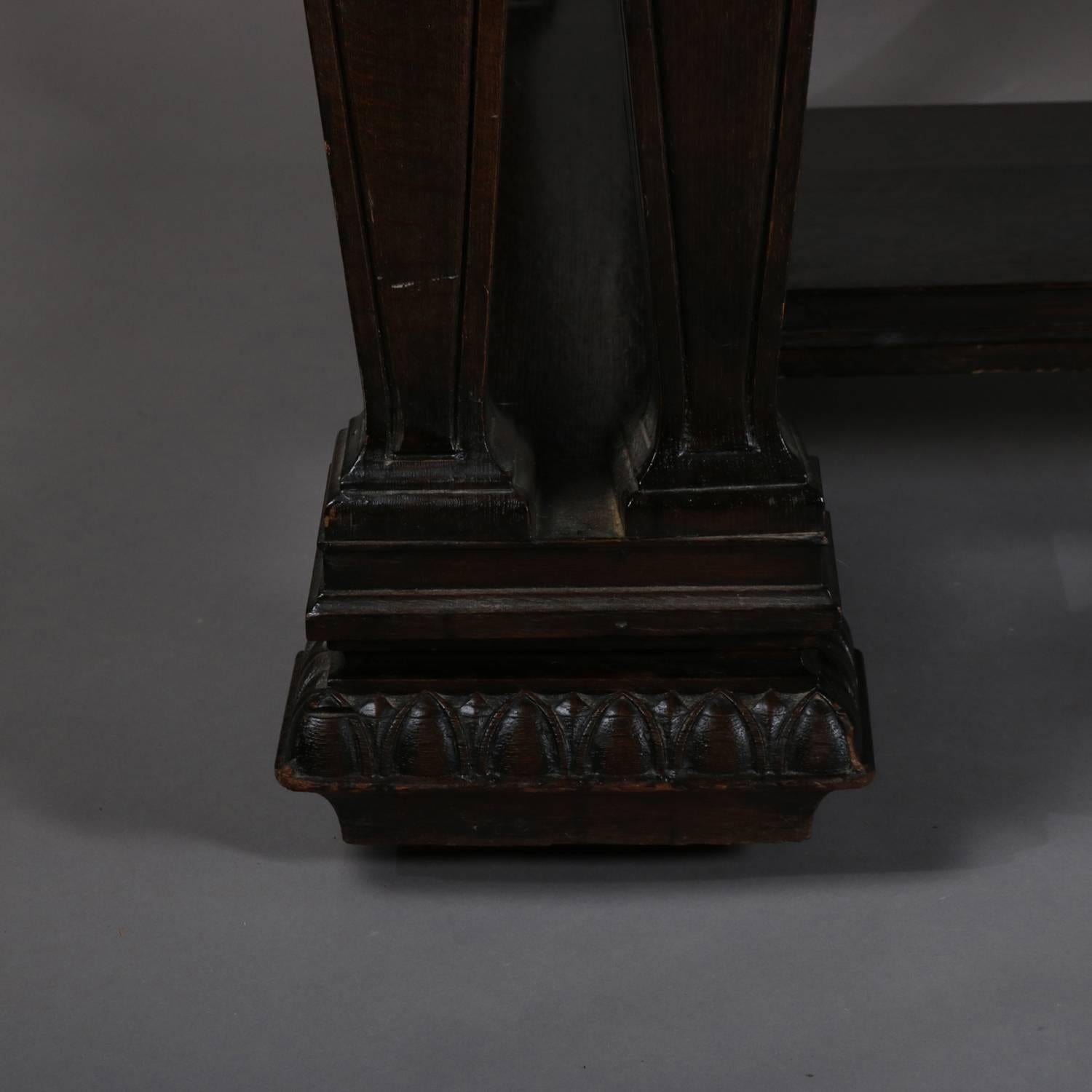 Oversized Antique Renaissance Revival Carved Oak Two-Drawer Library Table In Good Condition In Big Flats, NY