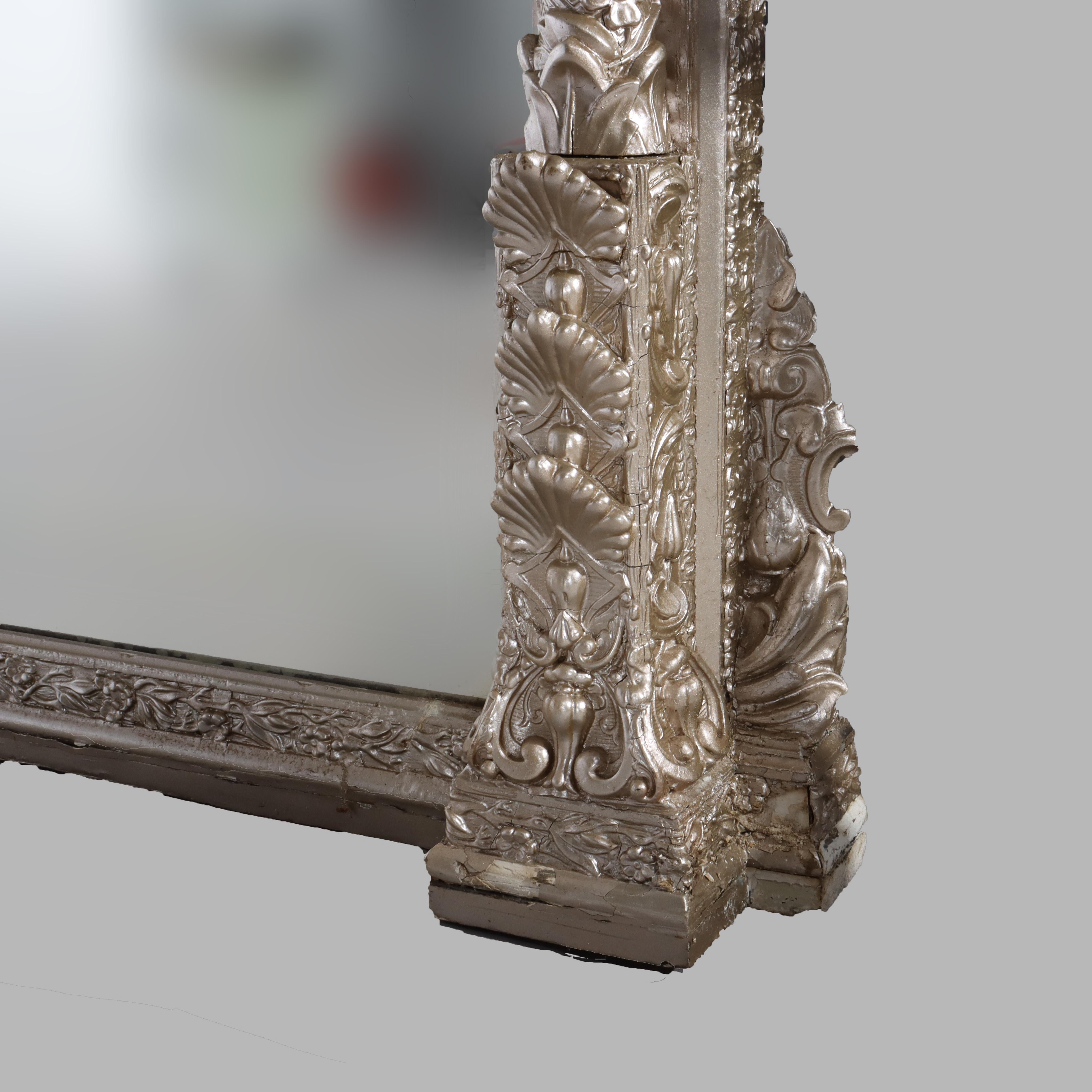 Oversized Antique Renaissance Revival Silver Gilt Over-Mantle Mirror C1880 In Good Condition For Sale In Big Flats, NY