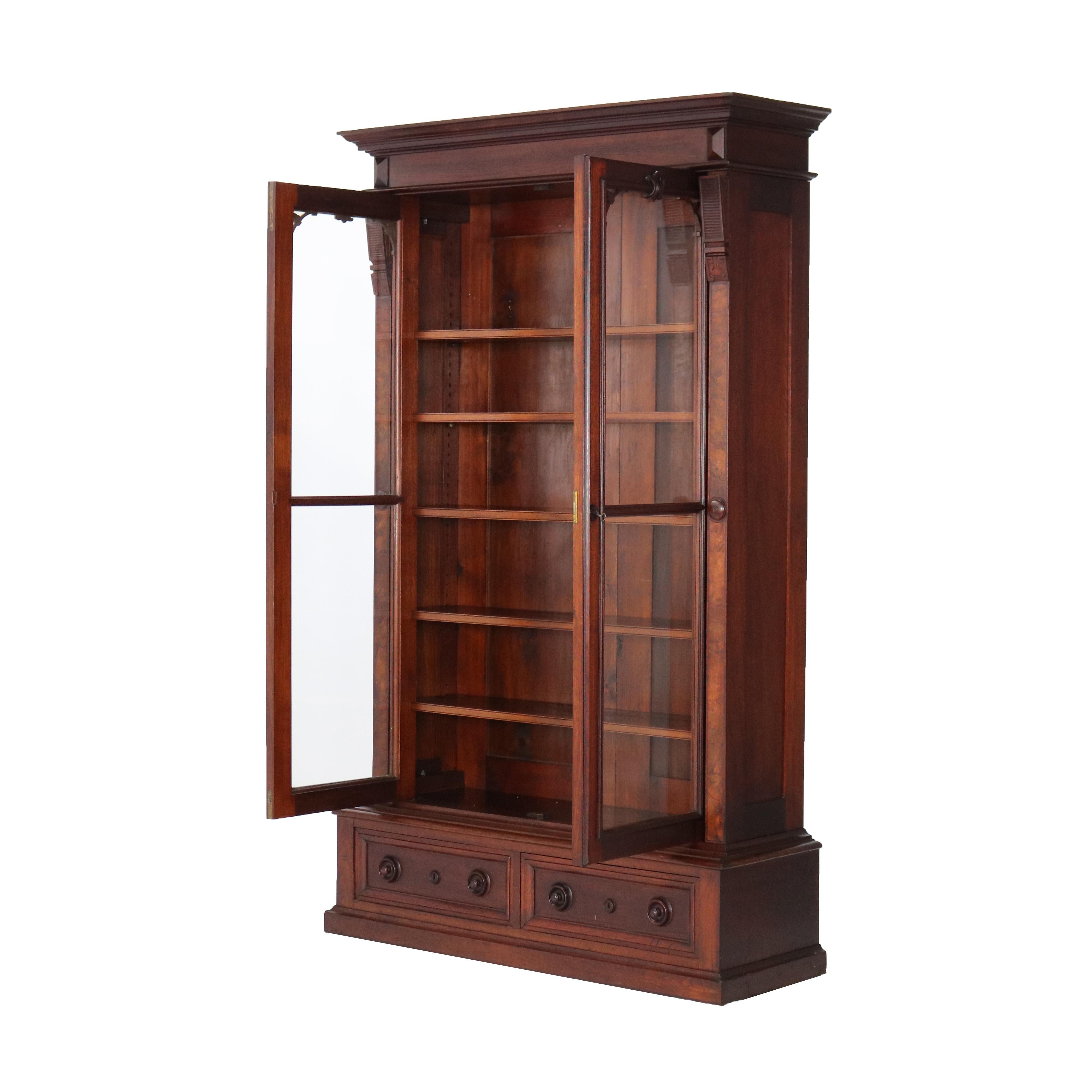 ***Reduced In-House Delivery Rates - Click on “Ask Seller” to Request a Quote***

Oversized Antique Renaissance Revival Walnut & Burl Bookcase Double Door with Lower Drawers C1880

Measures- 86.25
