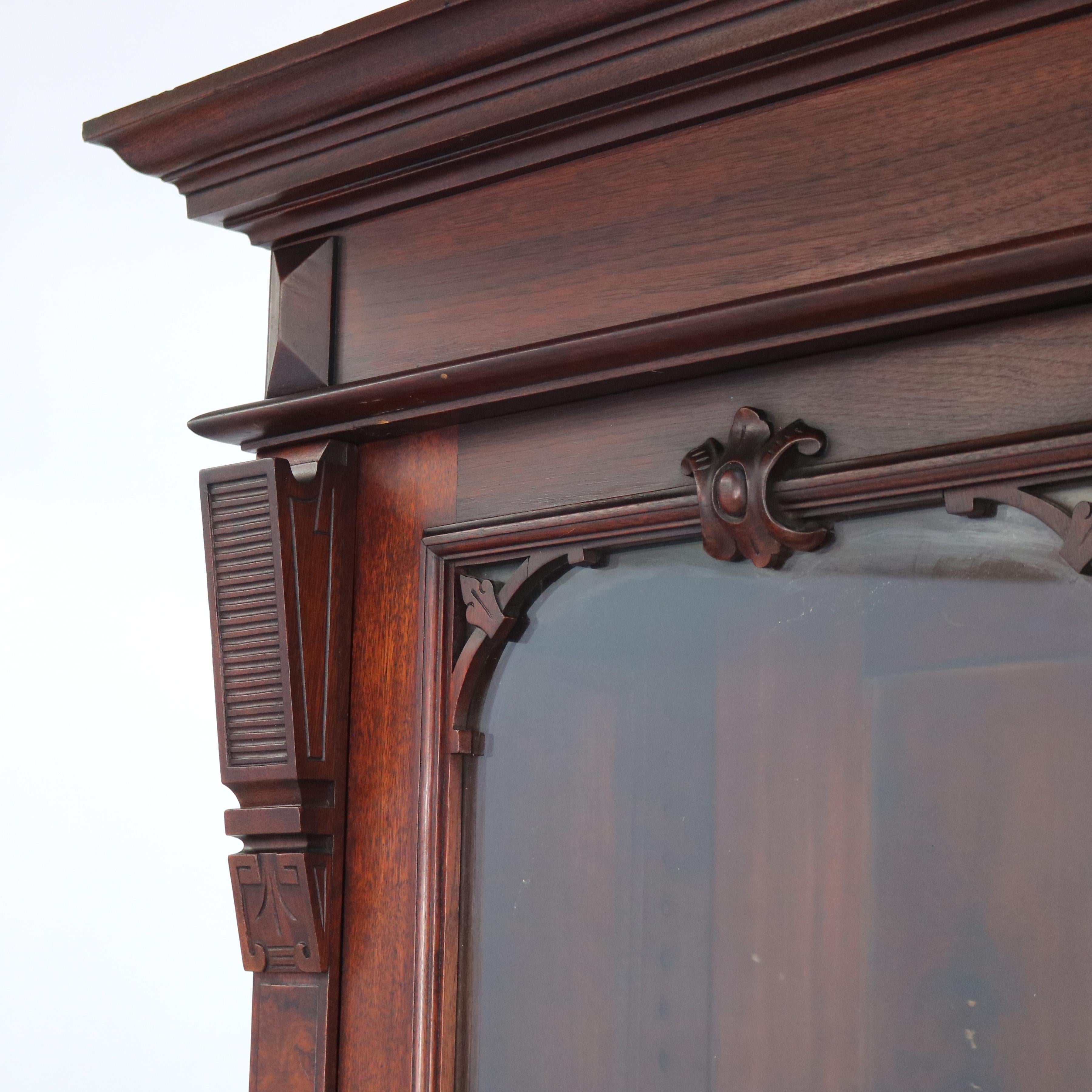 Oversized Antique Renaissance Revival Walnut & Burl Bookcase Double Door C1880 In Good Condition In Big Flats, NY