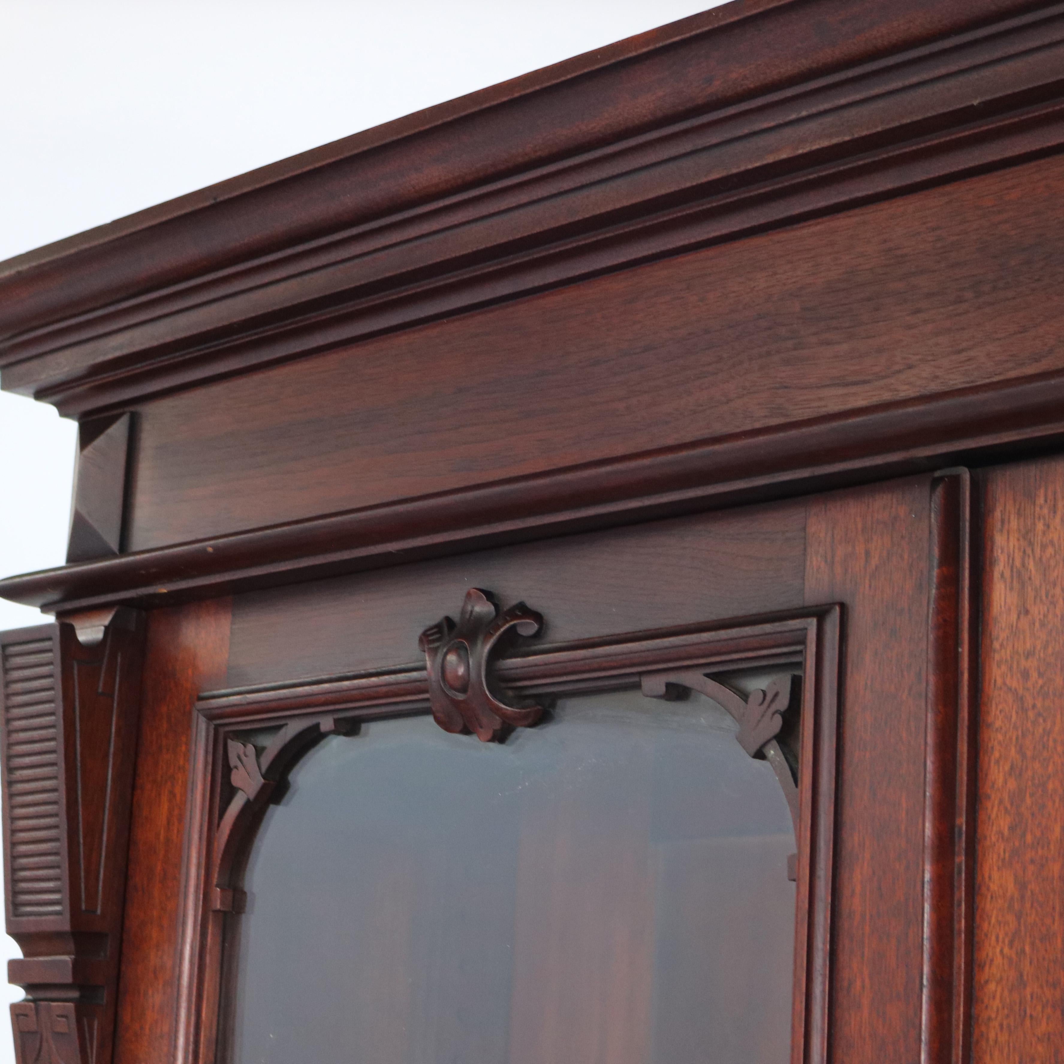 19th Century Oversized Antique Renaissance Revival Walnut & Burl Bookcase Double Door C1880