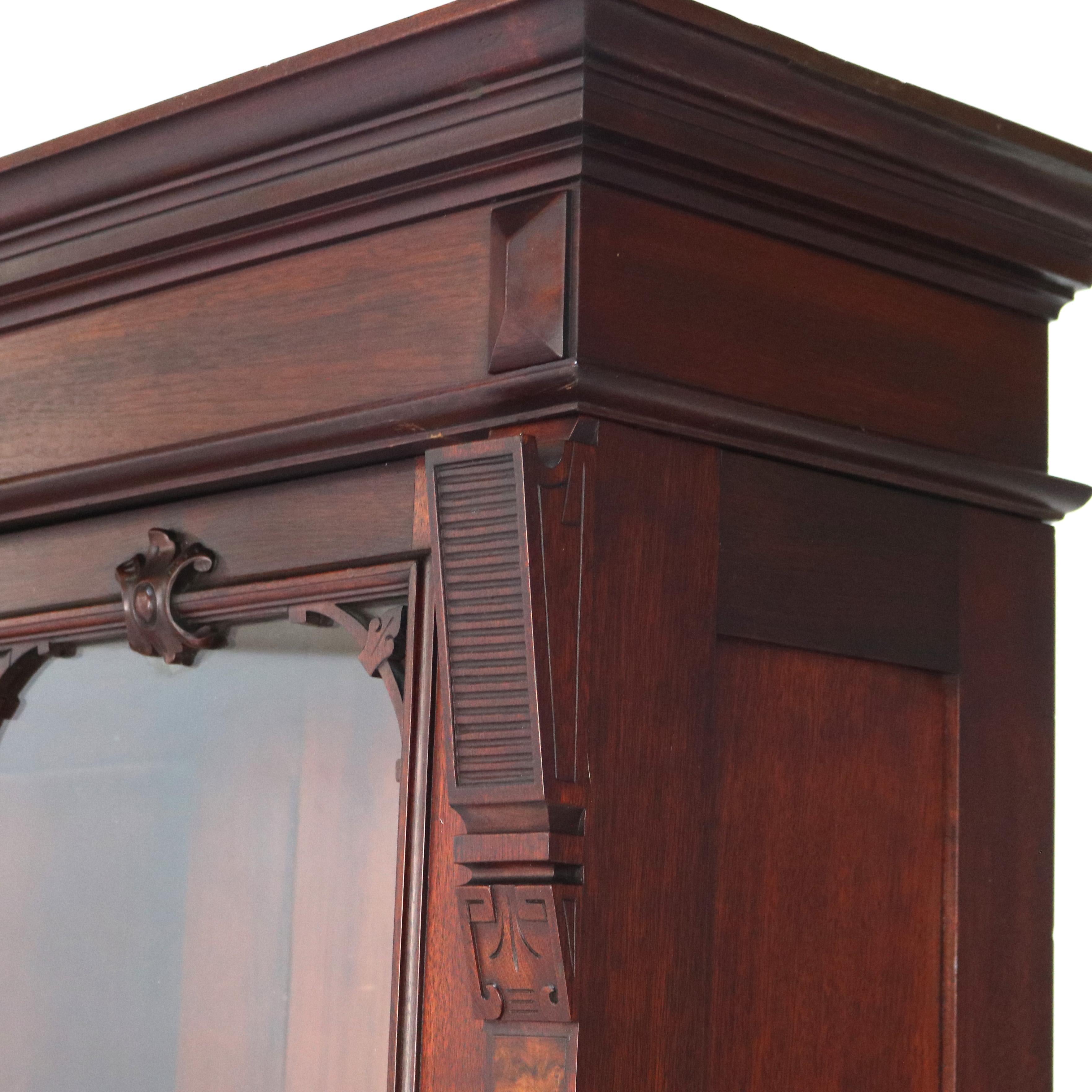 Oversized Antique Renaissance Revival Walnut & Burl Bookcase Double Door C1880 1