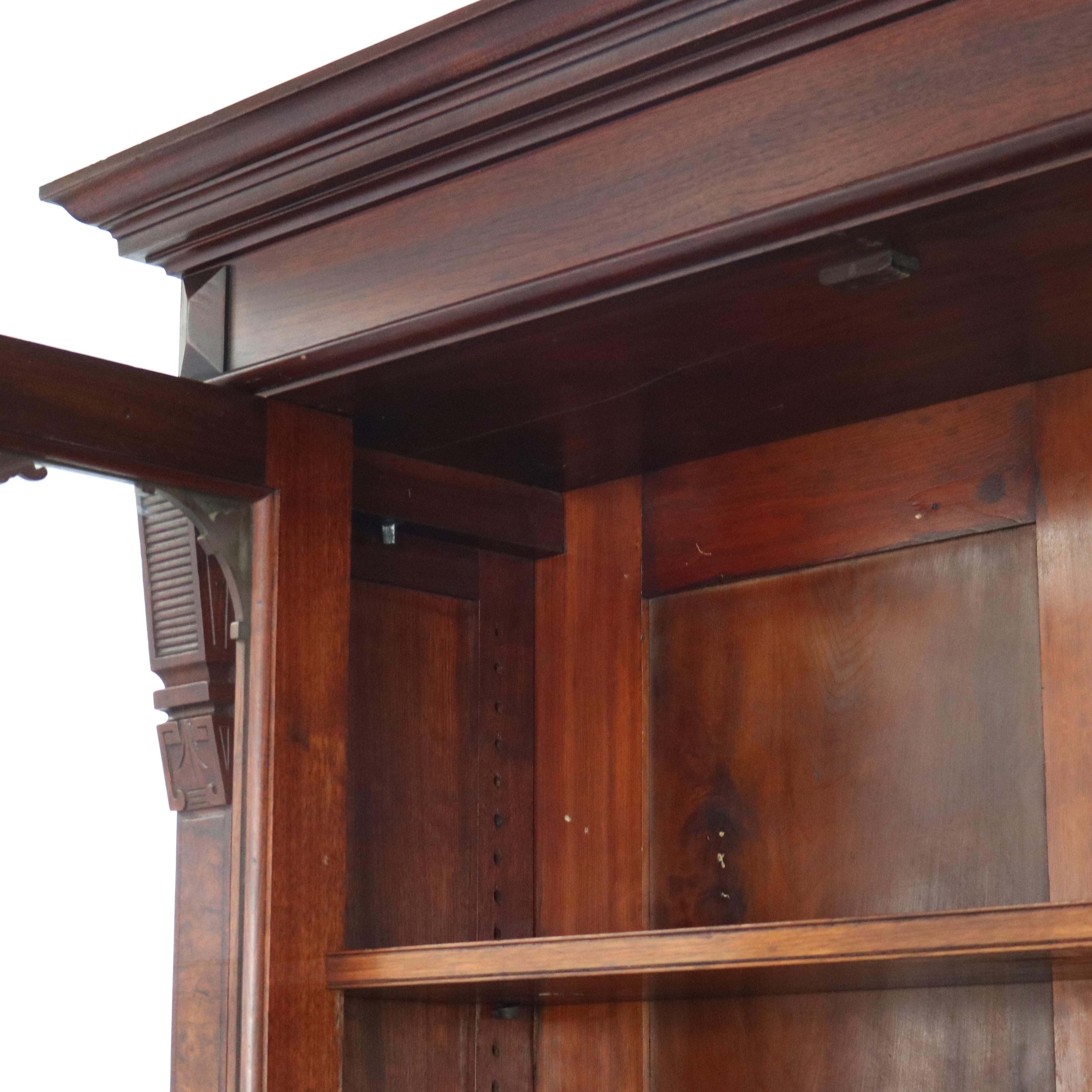 Oversized Antique Renaissance Revival Walnut & Burl Bookcase Double Door C1880 2