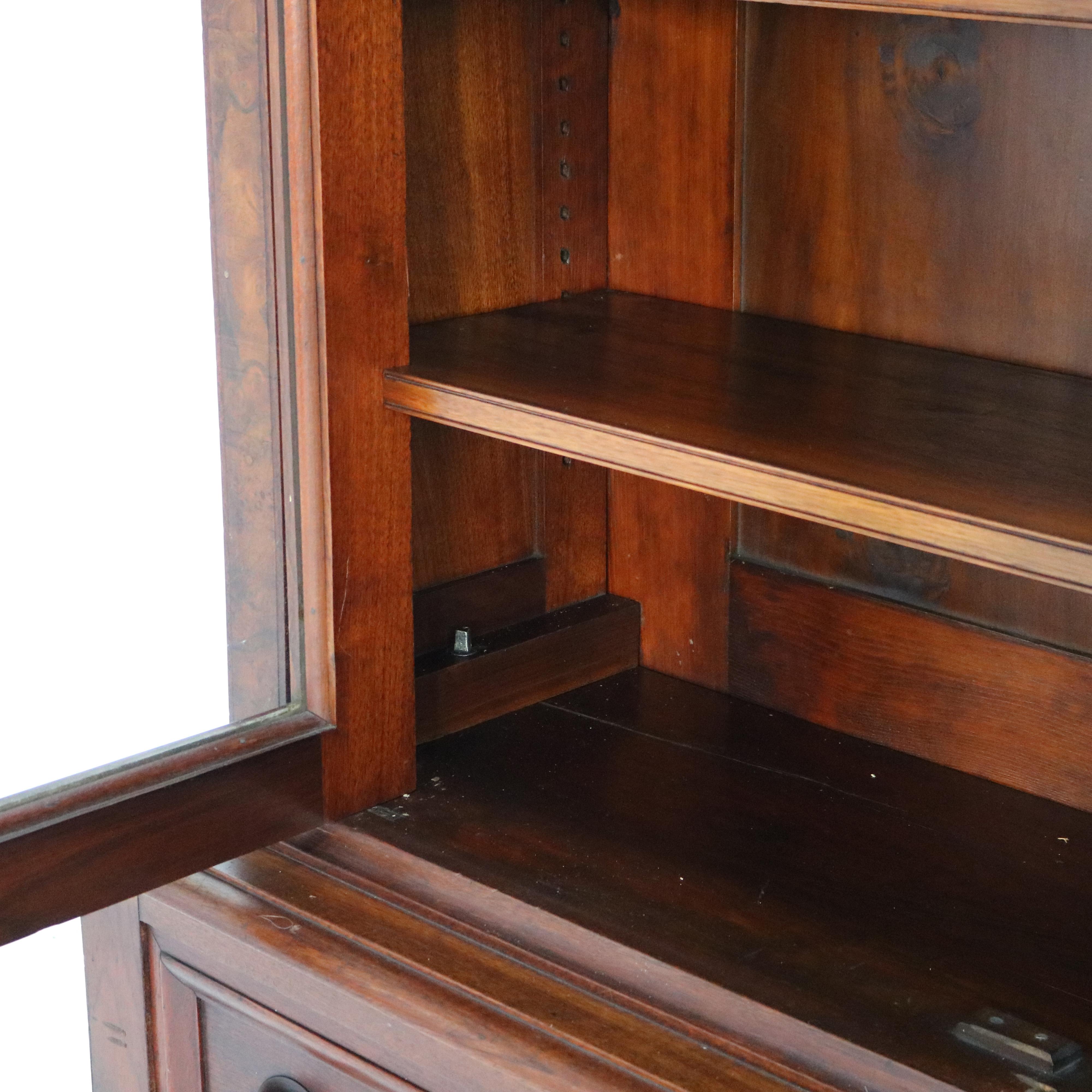Oversized Antique Renaissance Revival Walnut & Burl Bookcase Double Door C1880 4