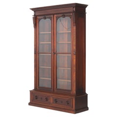 Oversized Antique Renaissance Revival Walnut & Burl Bookcase Double Door C1880
