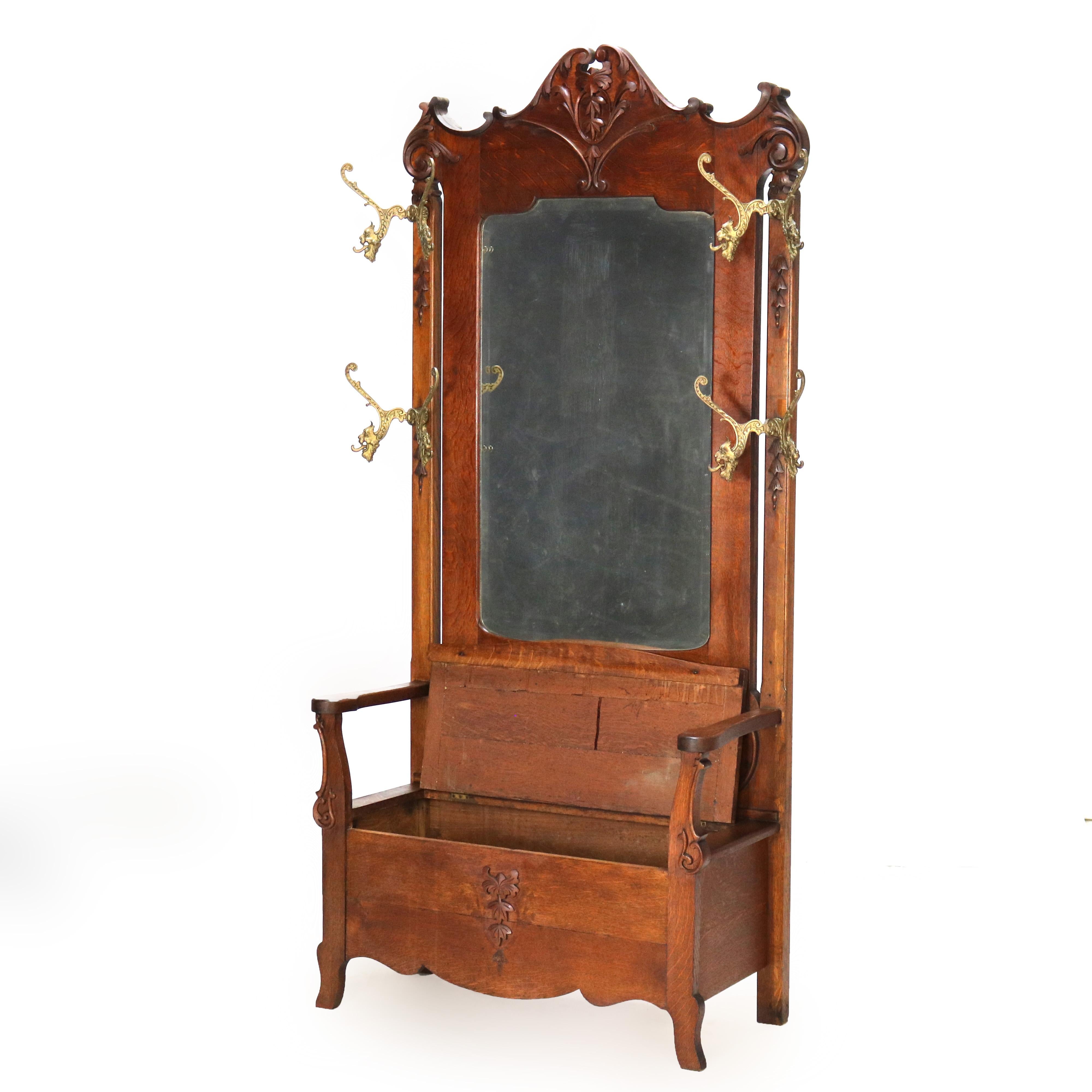 Siège d'entrée RJ Horner surdimensionné en chêne sculpté et miroir C1920 en vente 6