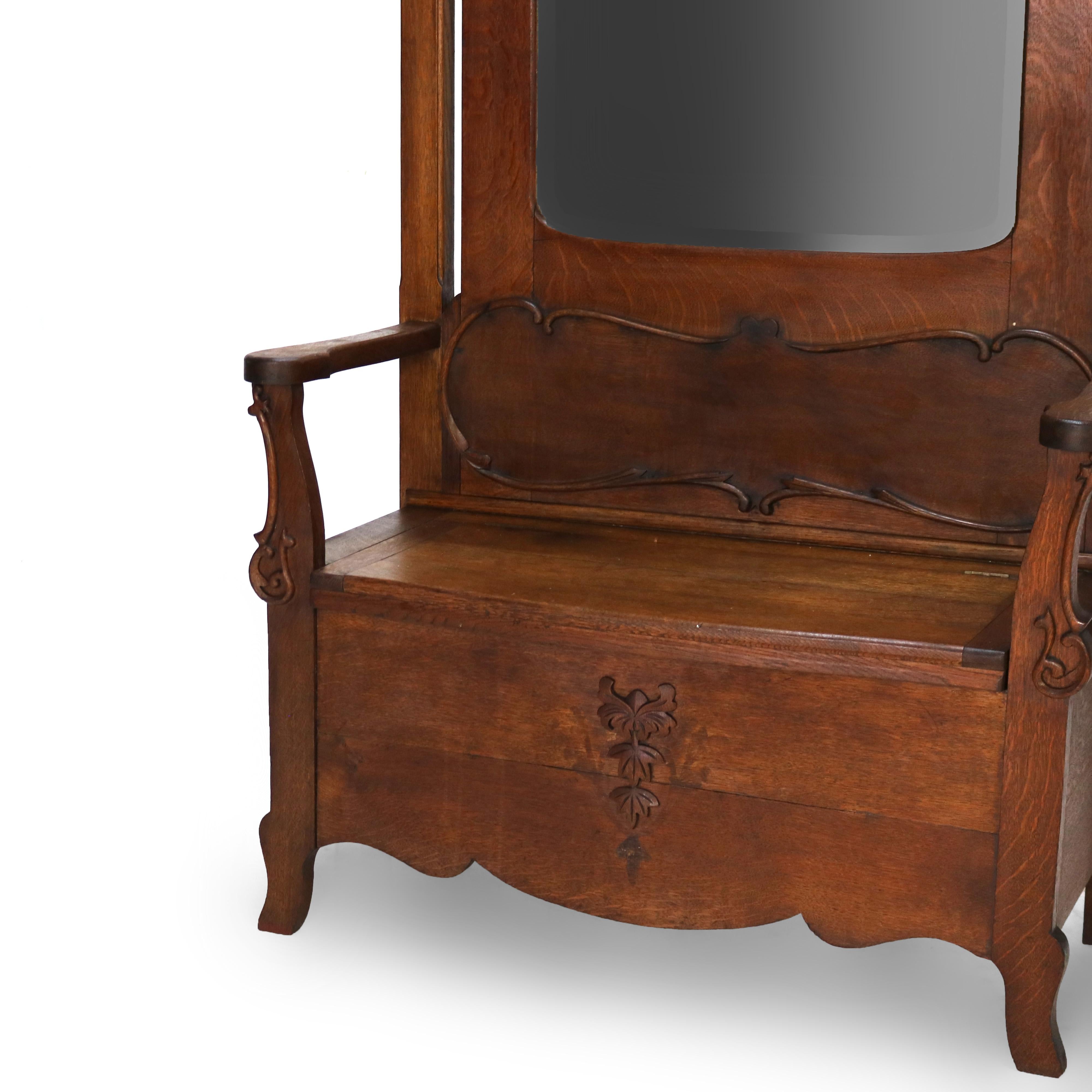 Chêne Siège d'entrée RJ Horner surdimensionné en chêne sculpté et miroir C1920 en vente