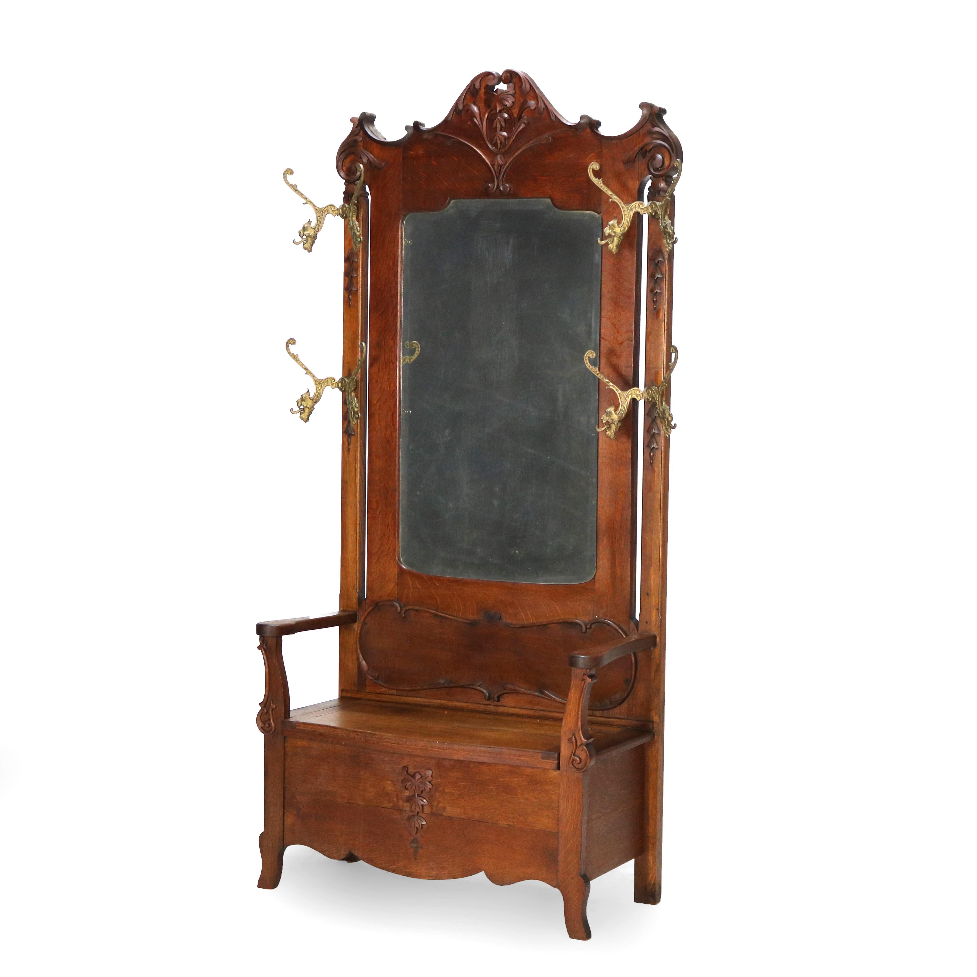 Siège d'entrée RJ Horner surdimensionné en chêne sculpté et miroir C1920 en vente 1