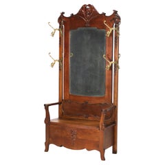 Asiento de recibidor sobredimensionado antiguo RJ Horner de roble tallado y con espejo C1920