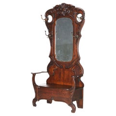 Oversized Antique RJ Horner Foliate Carved Oak Hall Seat with Mirror C1920