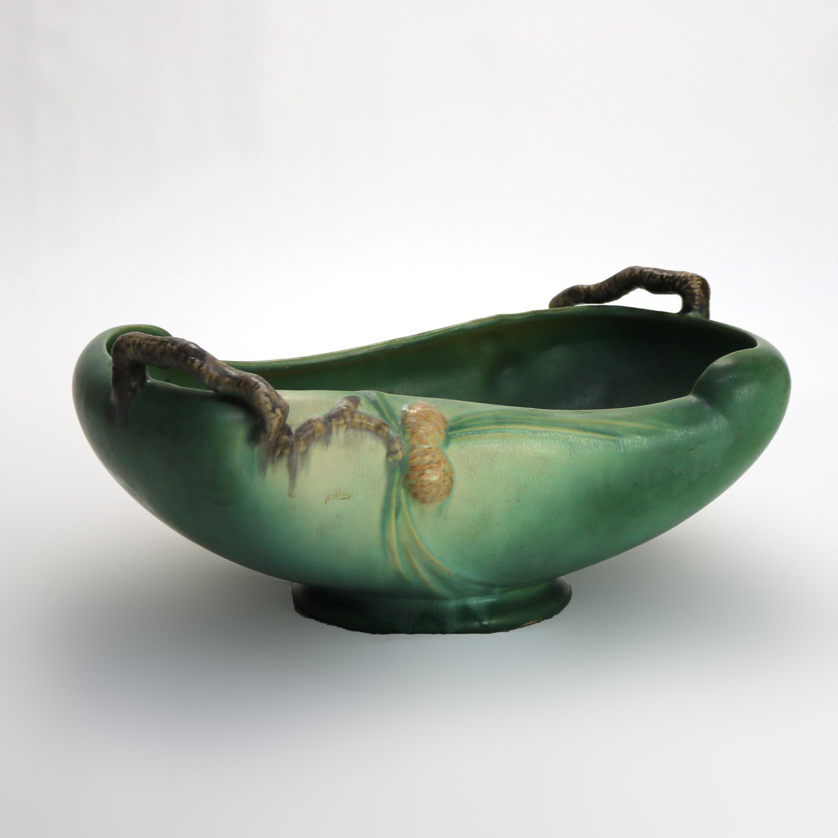 Oversized Antique Roseville Art Pottery Console Bowl with Pinecone Pattern Unsigned C1930.   
7 1/4
