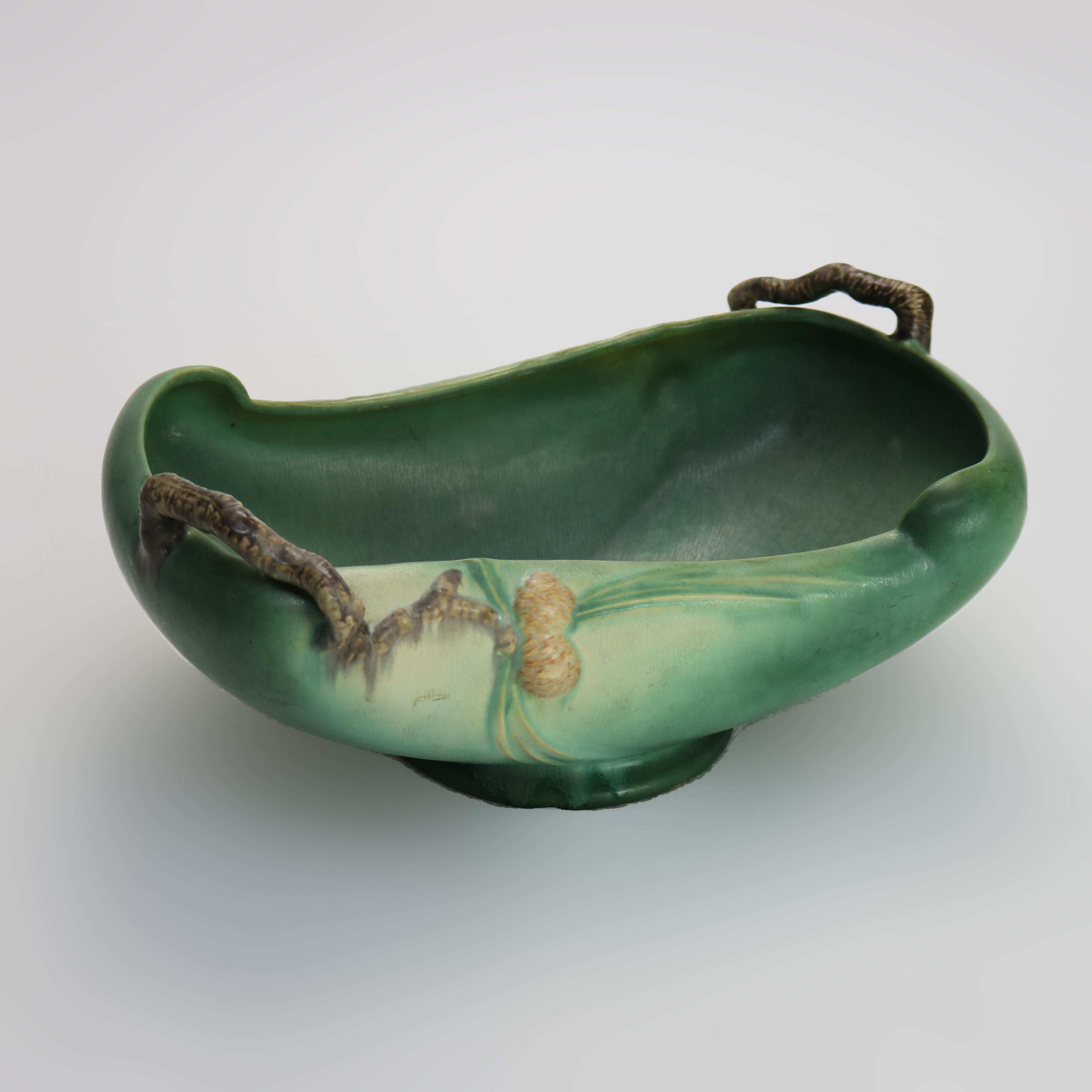 Oversized Antique Roseville Art Pottery Console Bowl with Pinecone Pattern c1930 In Good Condition In Big Flats, NY
