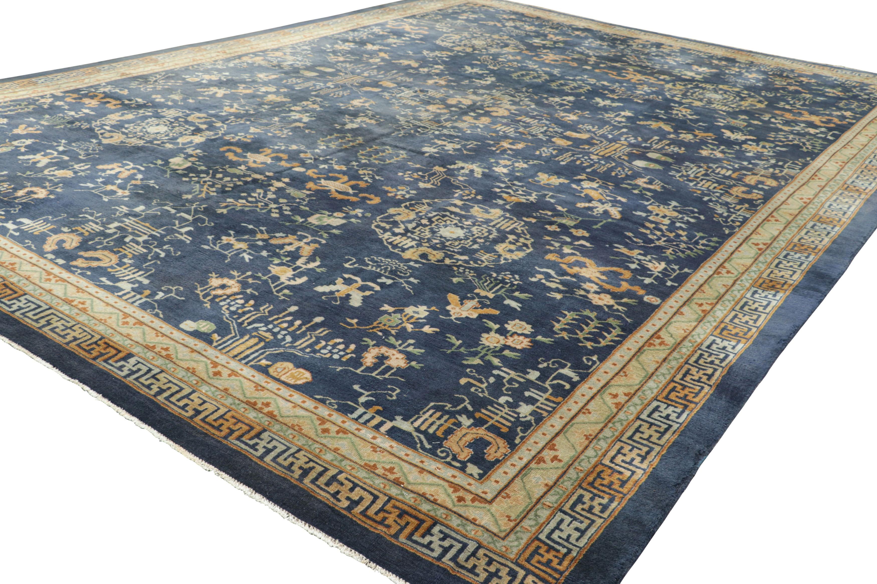 Hand-Knotted Oversized Antique Samarkand Rug in Blue with Floral Patterns  Rug and Kilim For Sale