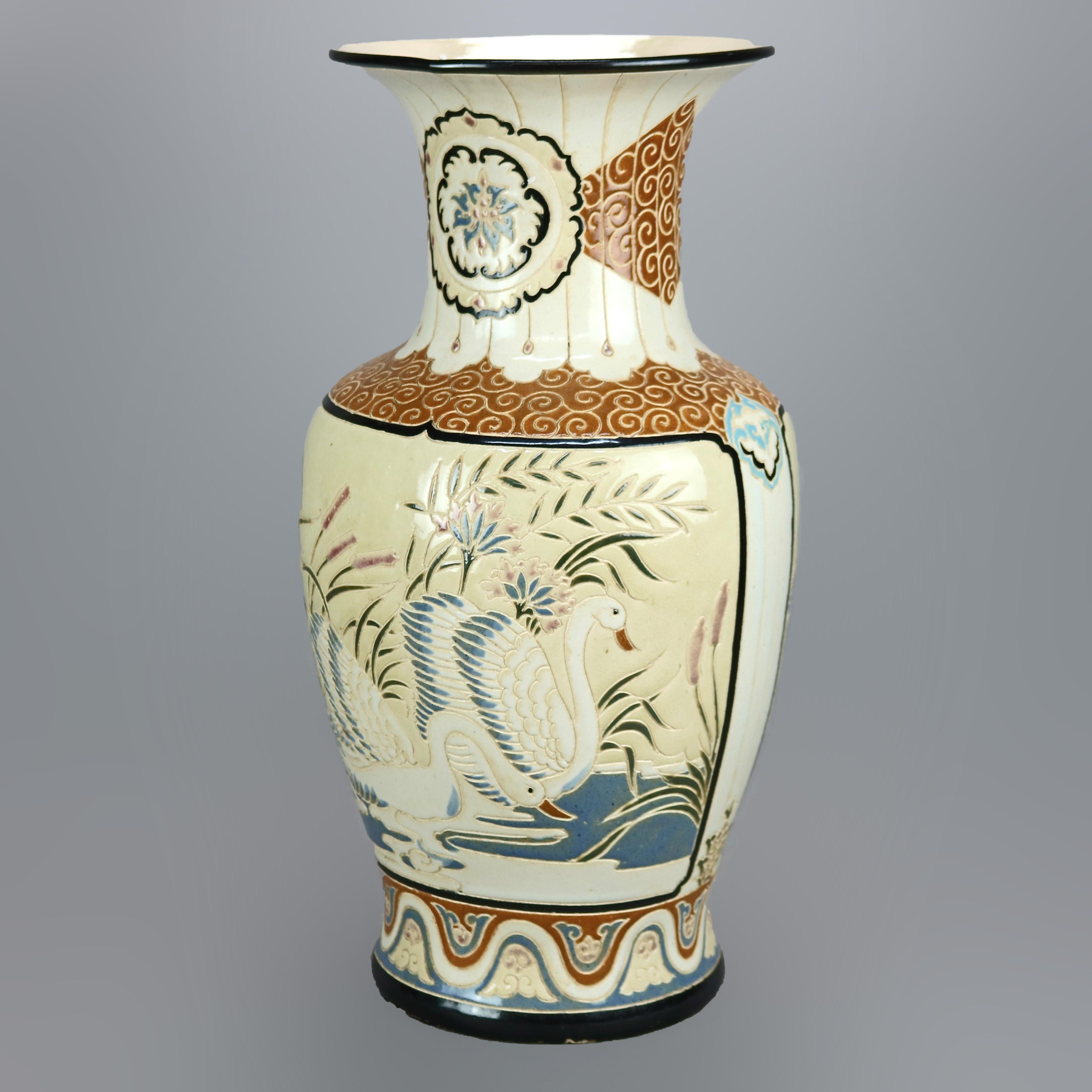 Asian Oversized Antique Satsuma Style Engraved Pottery Swan Vase, Circa 1920 For Sale