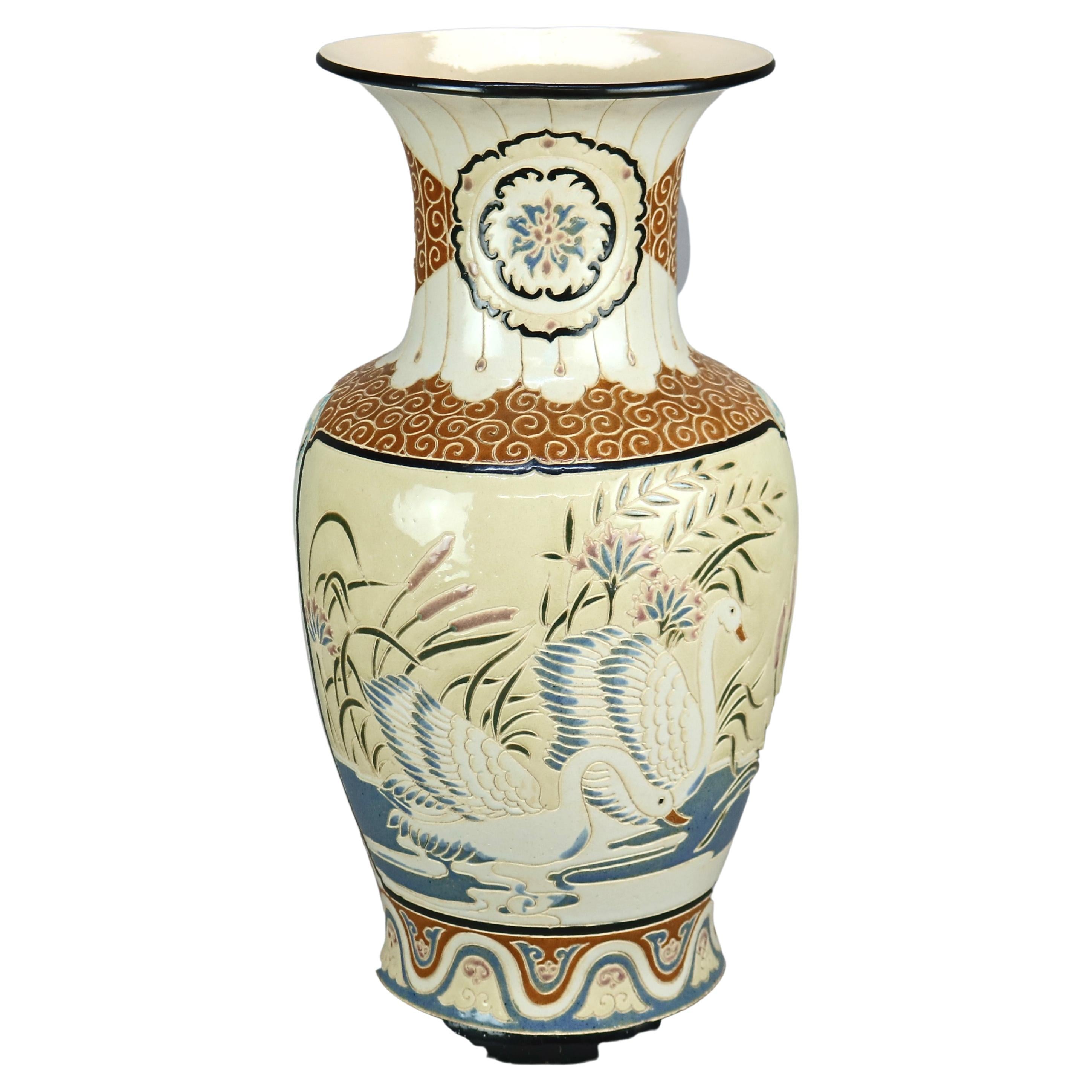 Oversized Antique Satsuma Style Engraved Pottery Swan Vase, Circa 1920