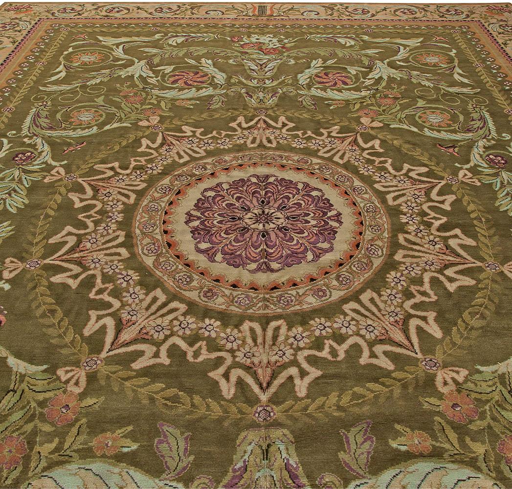 French Oversized Antique Savonnerie Botanic Green Rug For Sale