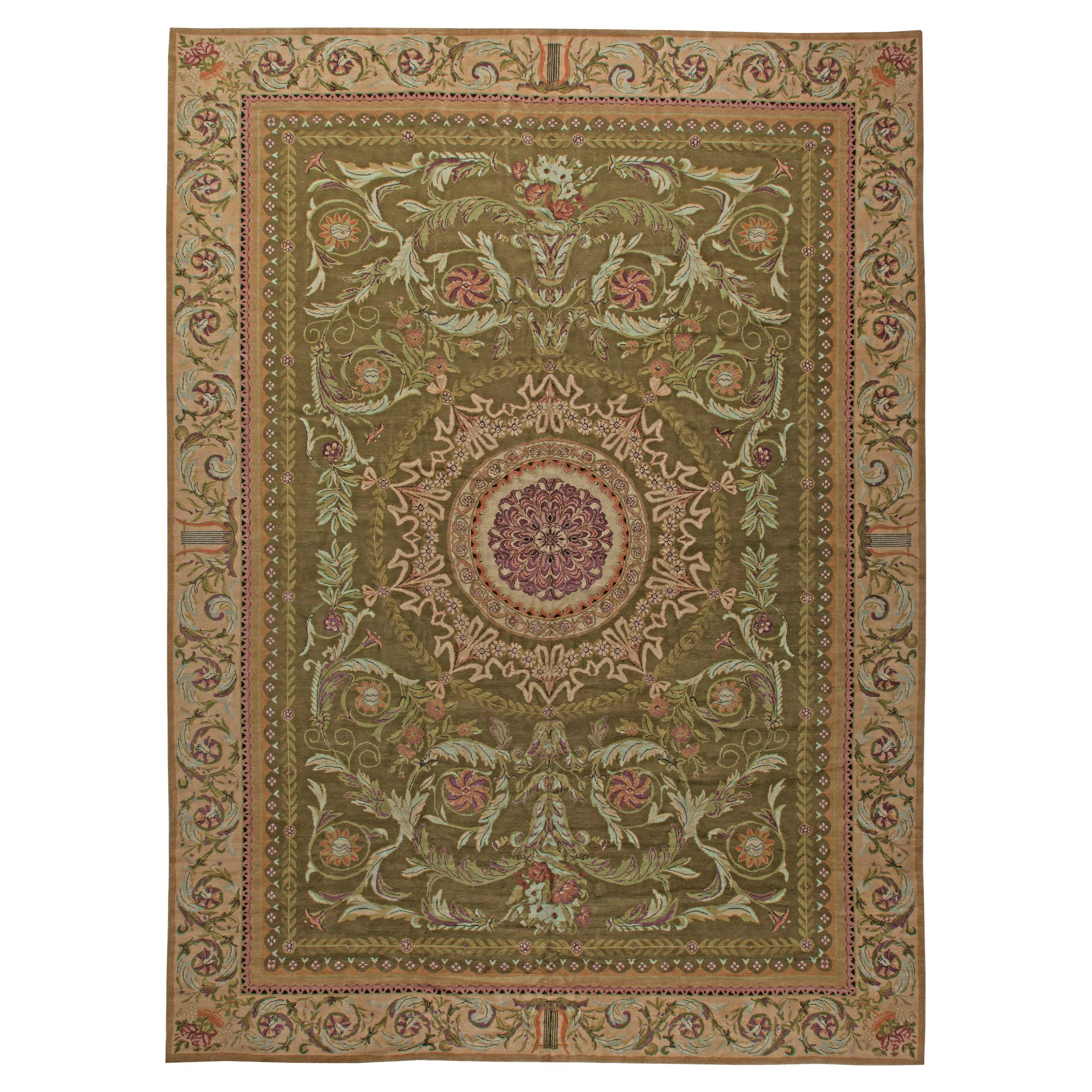 Doris Leslie Blau Oversized Antique Savonnerie Botanic Green Rug For Sale