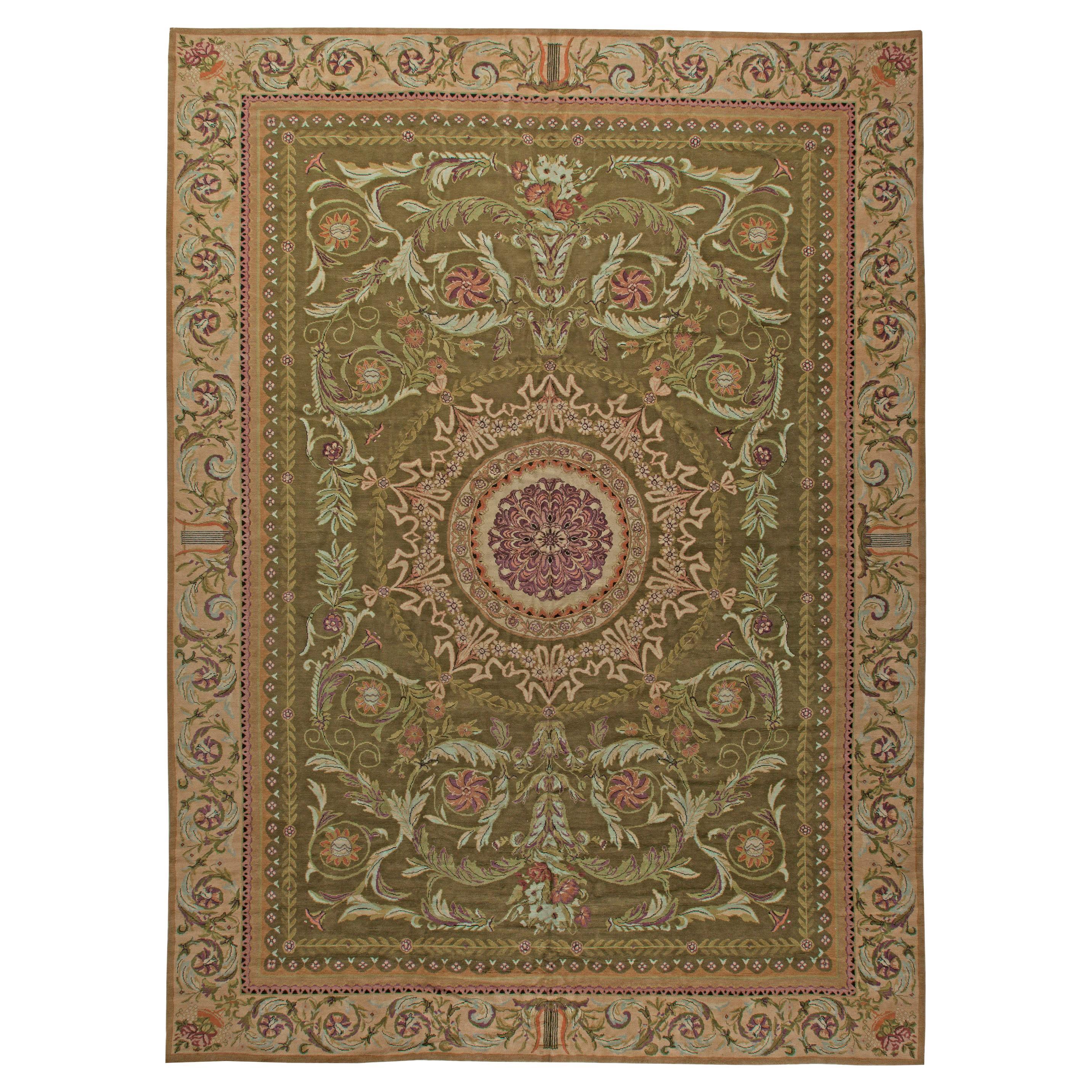 Oversized Antique Savonnerie Botanic Green Rug