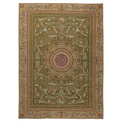 Oversized Antique Savonnerie Bold Botanic Green Hand Knotted Wool Carpet