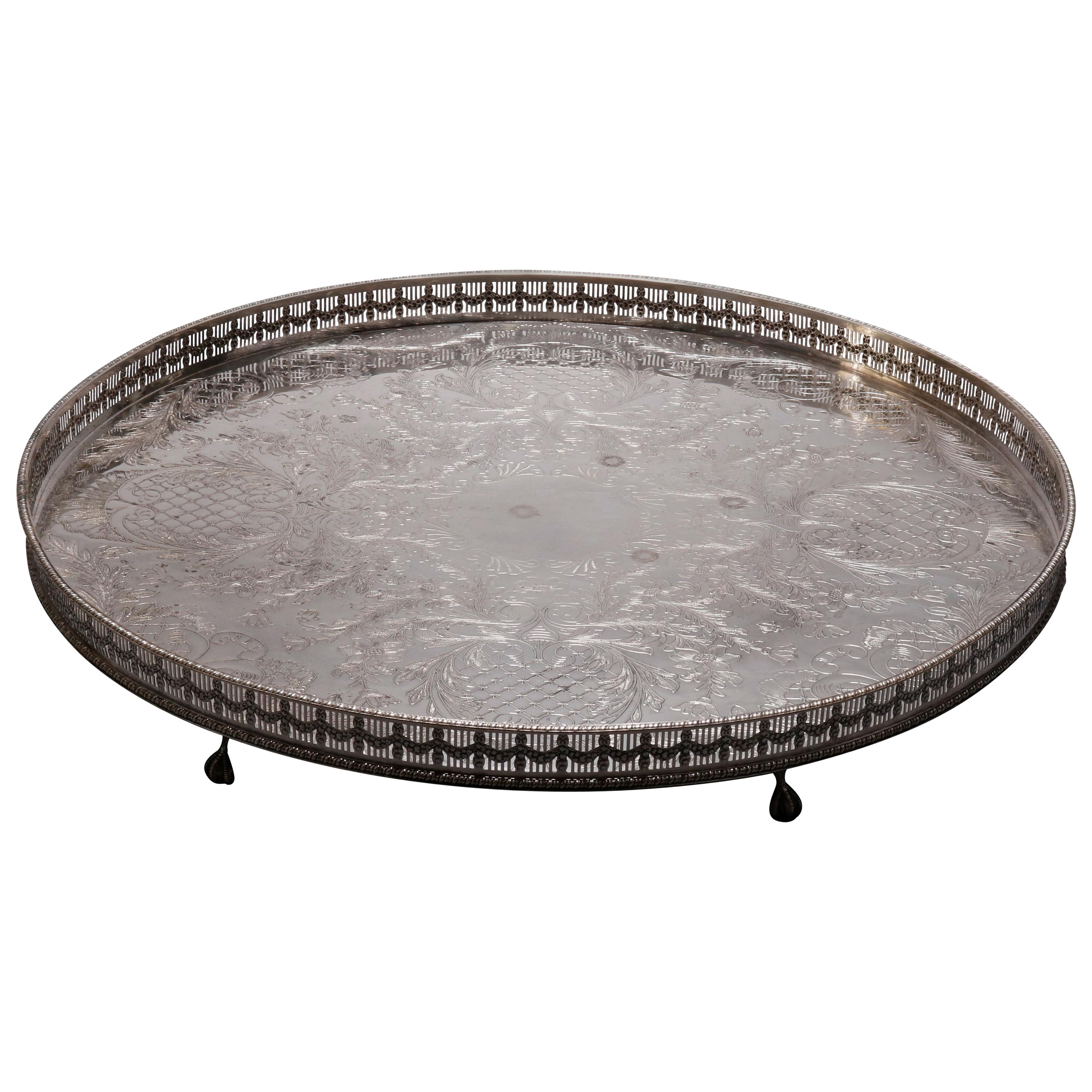 Oversized Antique Sheffield Silver Plate Engraved and Footed Serving Tray