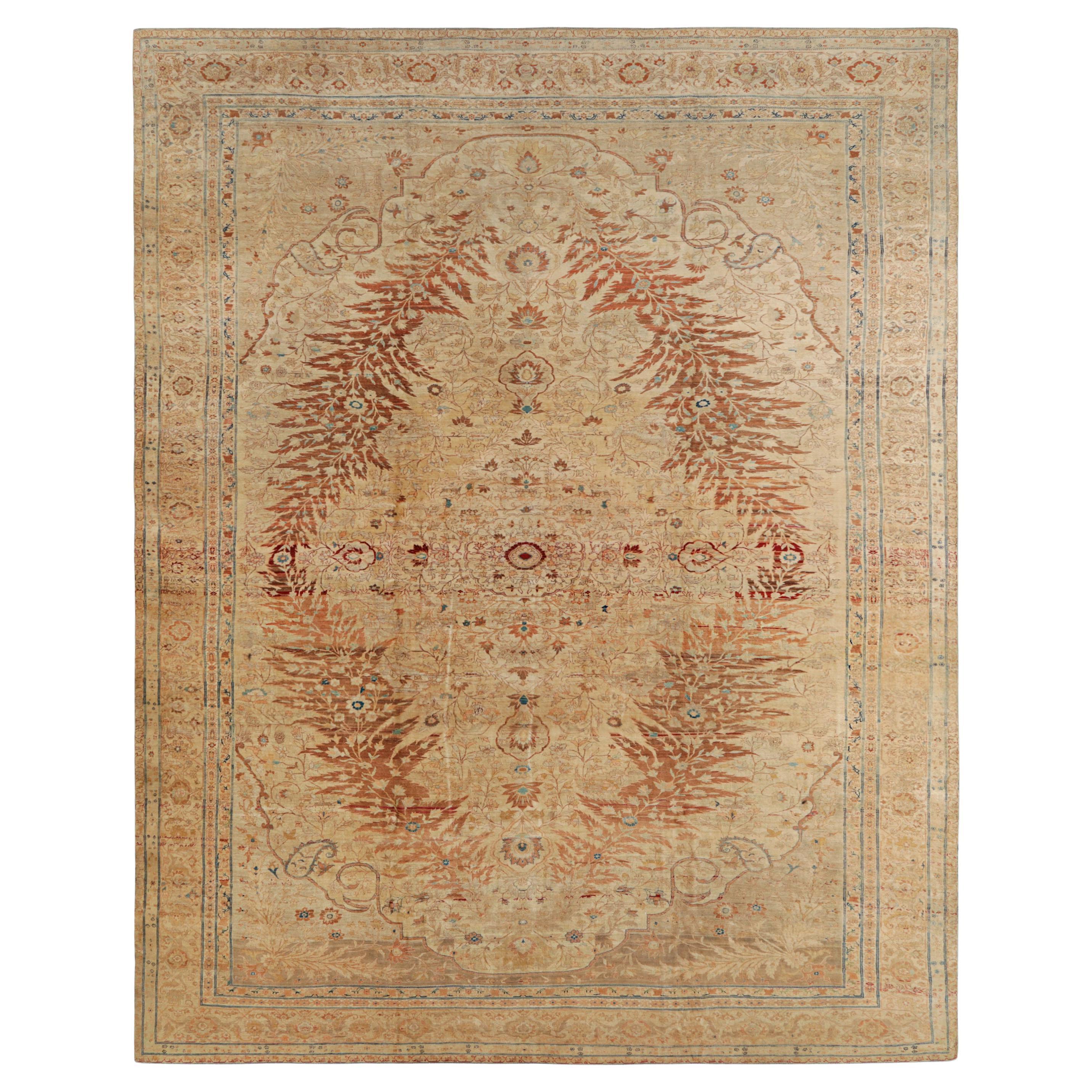 Oversized Antique Tabriz Persian Rug in Gold, with Medallion For Sale