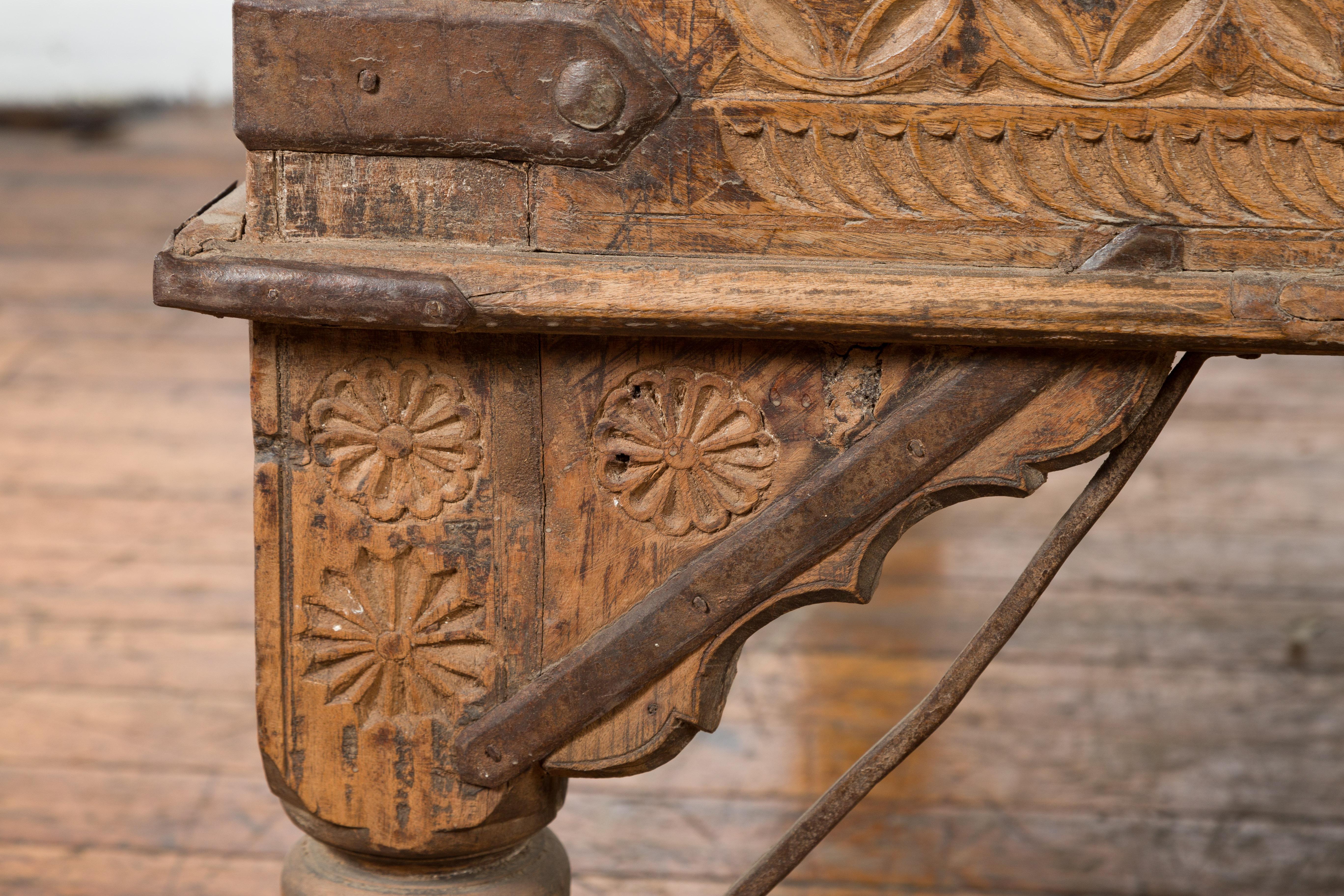 Oversized Antique Temple Door with Studs Made into a Carved Coffee Table 3