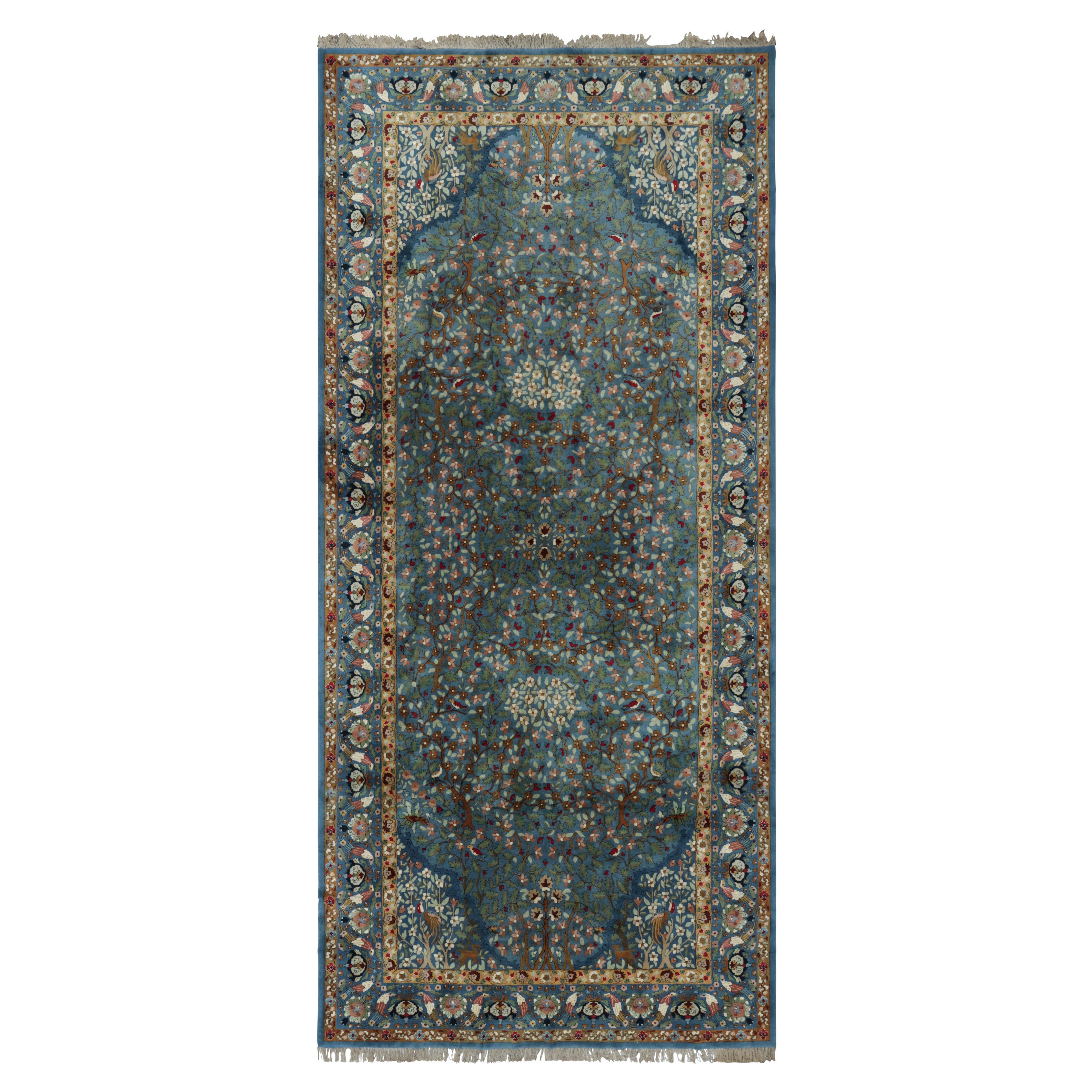 Alfombra antigua grande con ganchos Tetex, azul con motivos florales - Rug & Kilim en venta