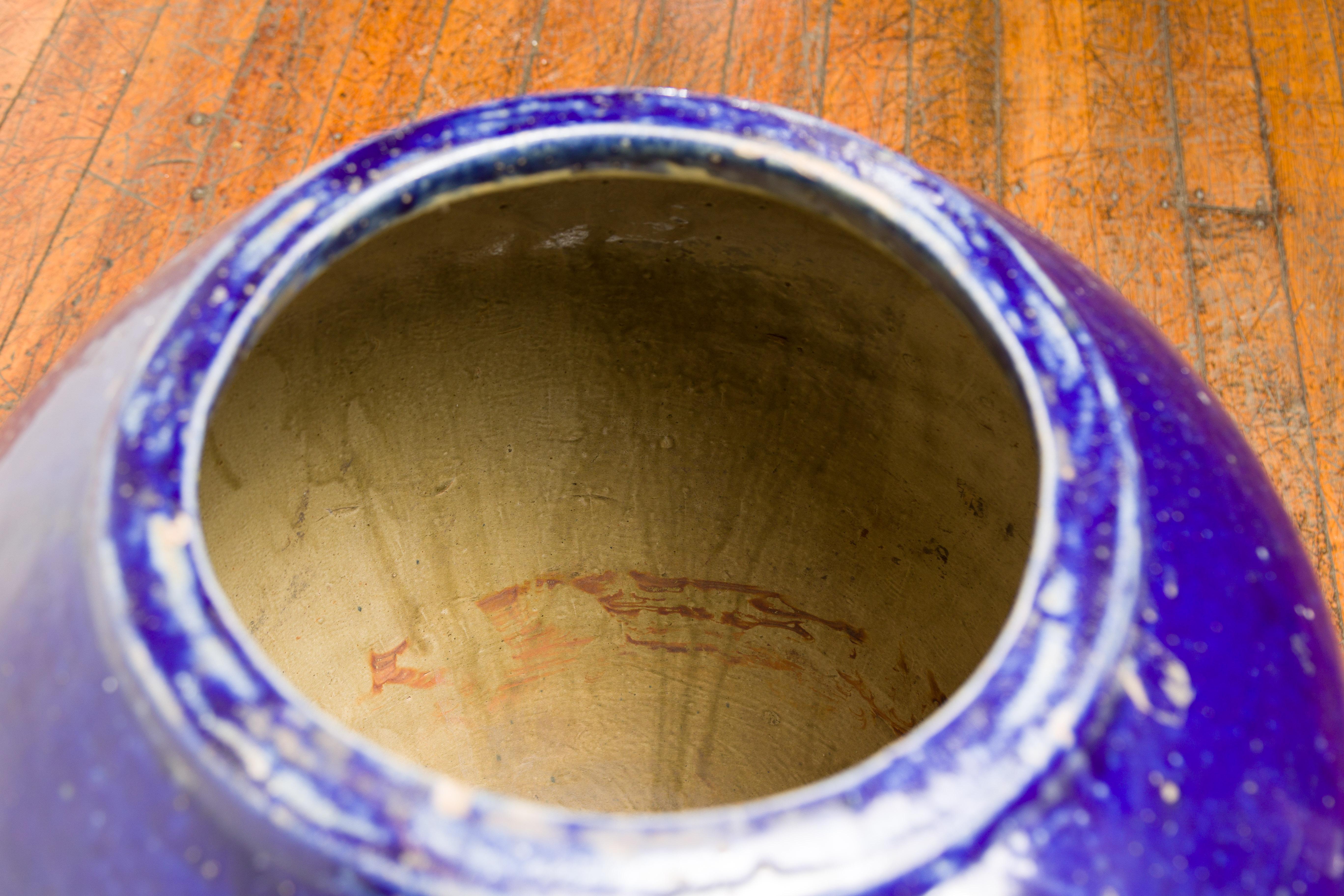 Oversized Thai Blue Glazed Antique Water Vessel with Tapering Lines For Sale 8