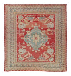 Oversized Antique Turkish Oushak in Red with Blue Floral Medallion - Rug & Kilim