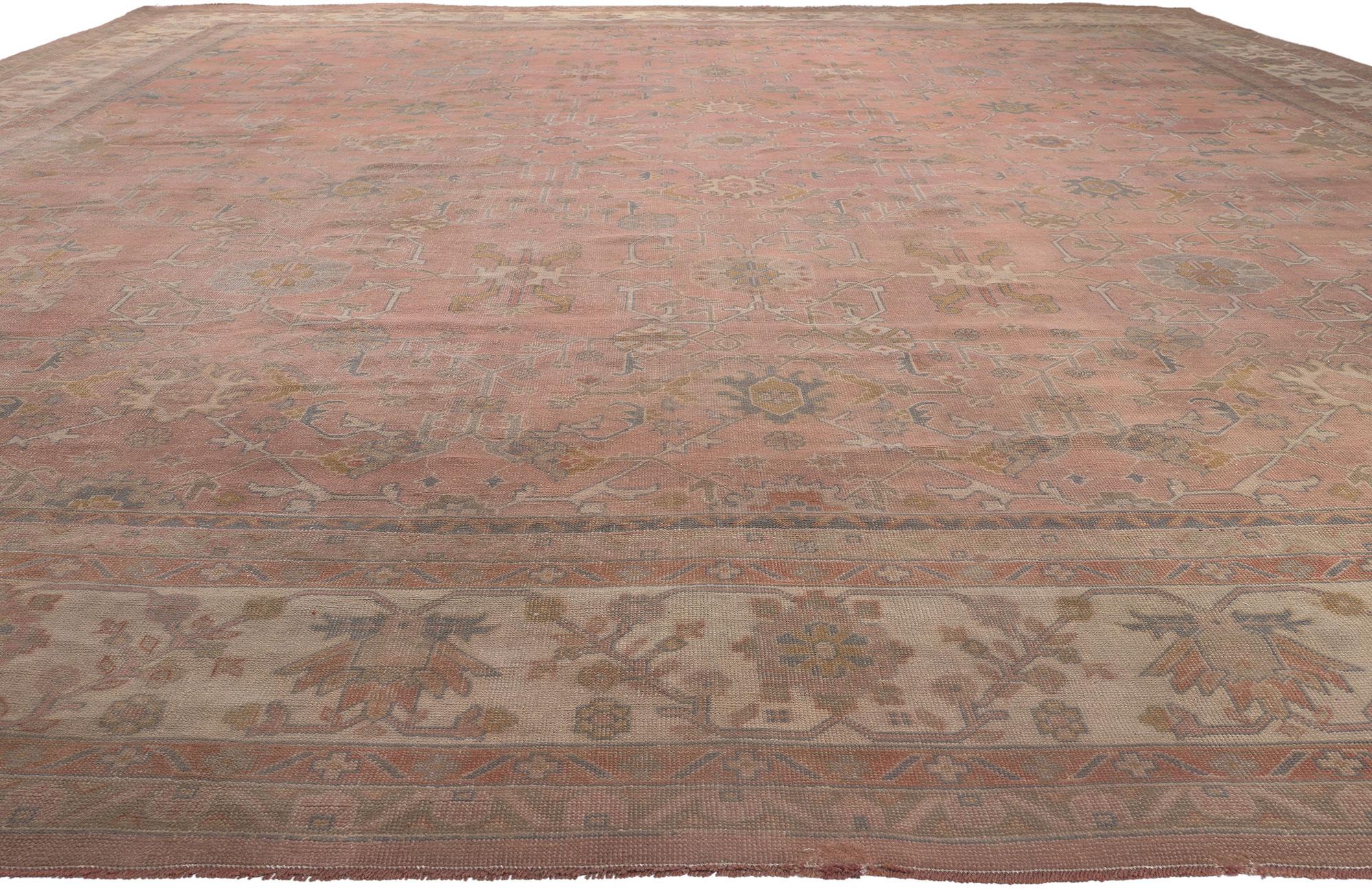 Hand-Knotted Oversized Antique Turkish Pink Oushak Rug, Hotel Lobby Size Carpet For Sale