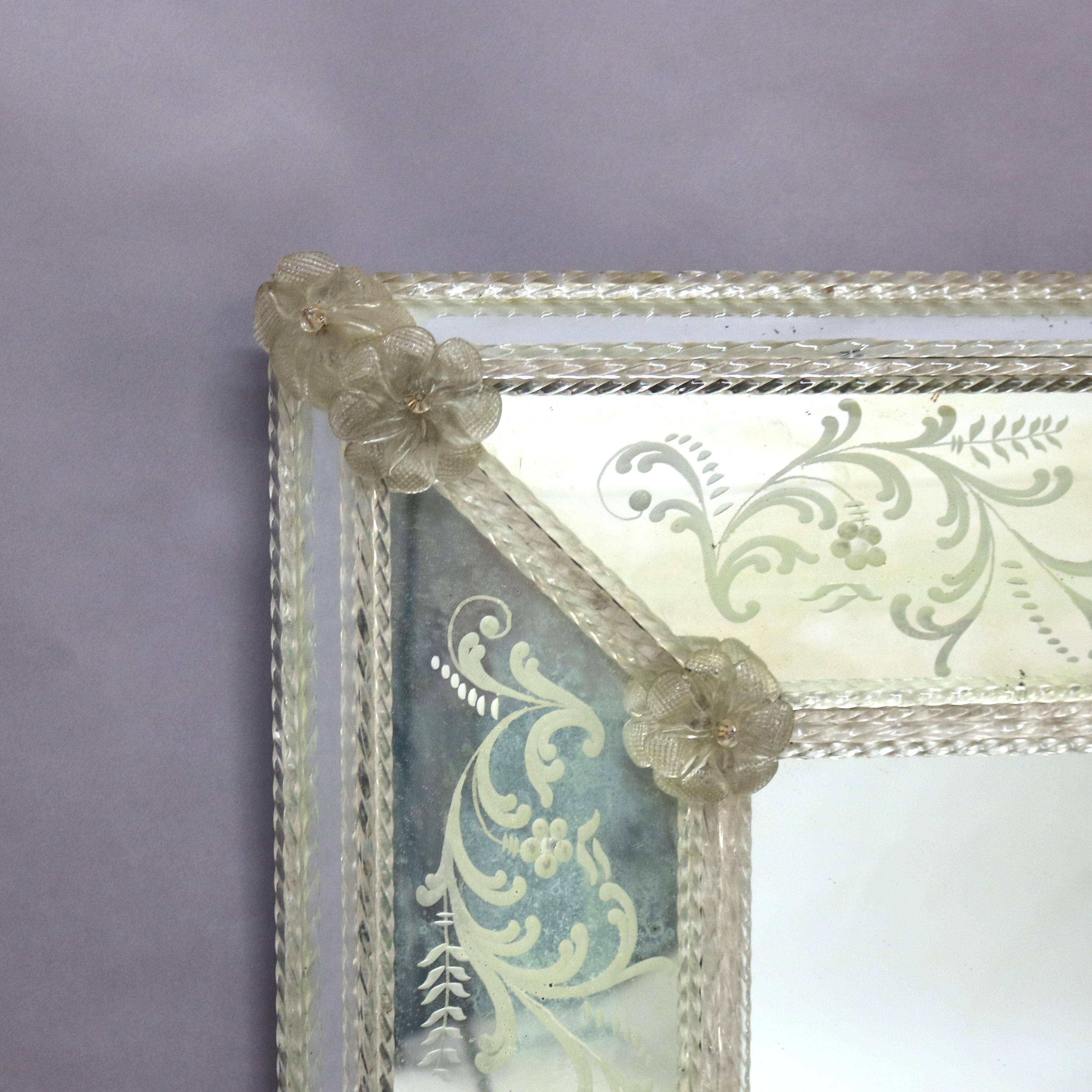 European Oversized Antique Venetian Glass Mirror With Floral & Scroll Etching 19thC