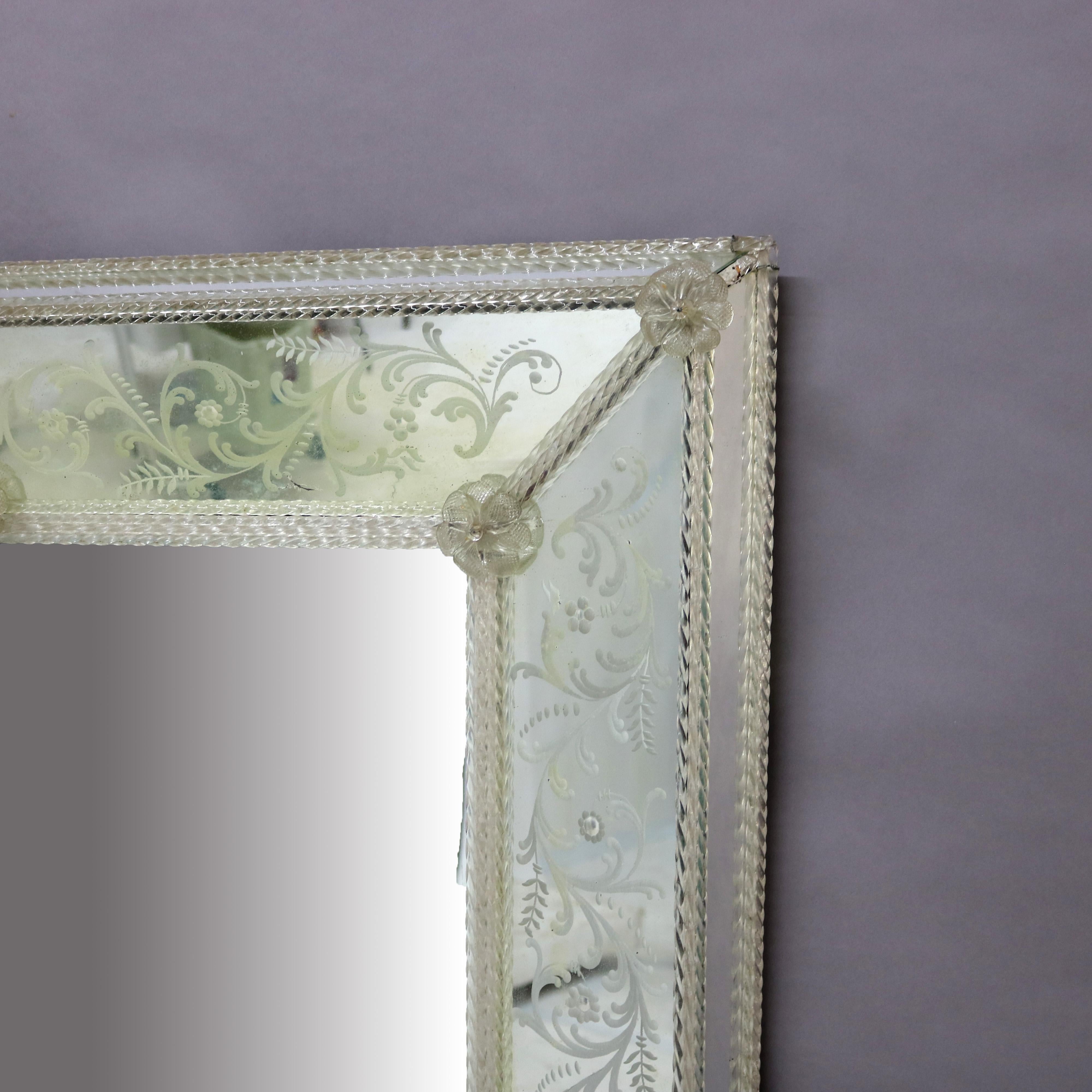 Etched Oversized Antique Venetian Glass Mirror With Floral & Scroll Etching 19thC