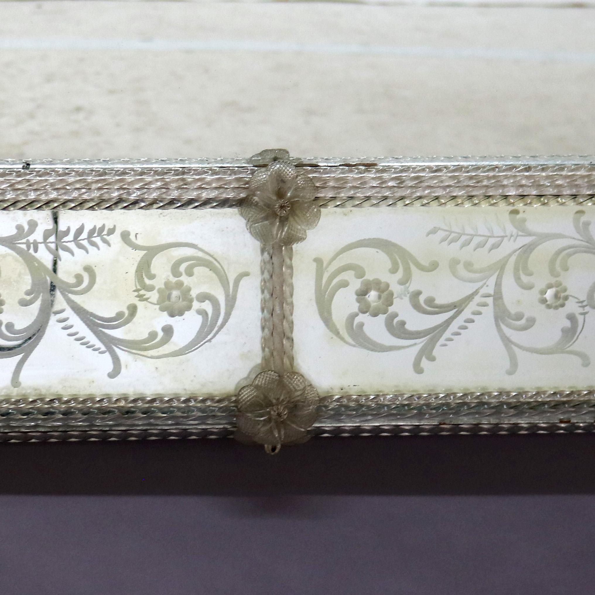 Oversized Antique Venetian Glass Mirror With Floral & Scroll Etching 19thC In Good Condition In Big Flats, NY