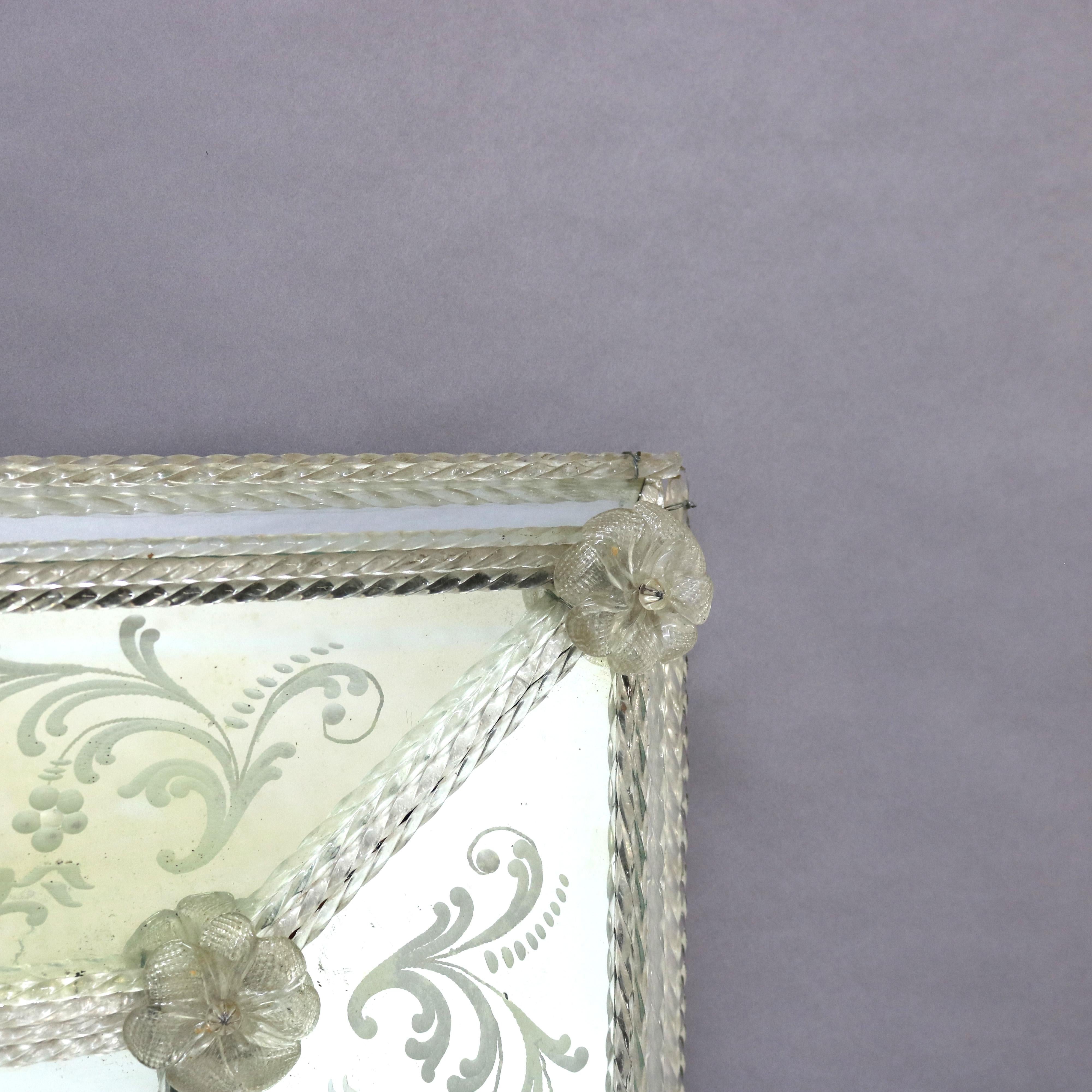 19th Century Oversized Antique Venetian Glass Mirror With Floral & Scroll Etching 19thC