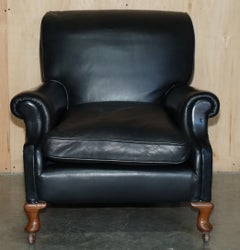 OVERSIZED ANTiQUE VICTORIAN BLACK LEATHER CLUB ARMCHAIR STAMPED INSIDE BACK LEG