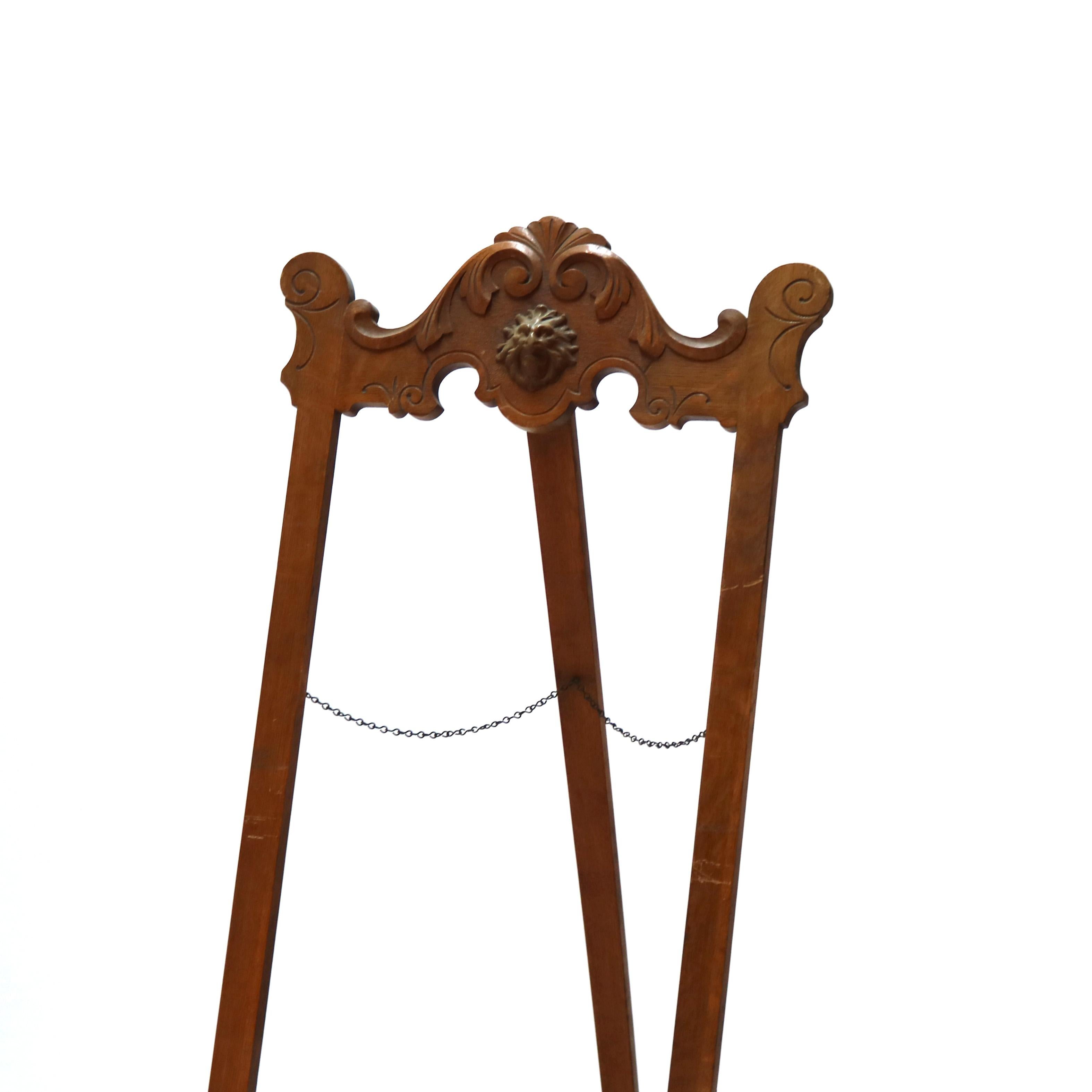 Caballete de exhibición de arte sobredimensionado de roble tallado con figuras victorianas antiguas C1900 Roble