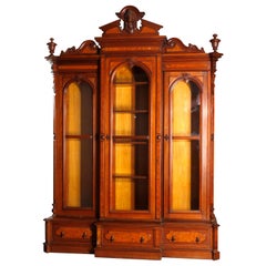 Oversized Antique Victorian Figural Walnut and Burl Bookcase, circa 1880